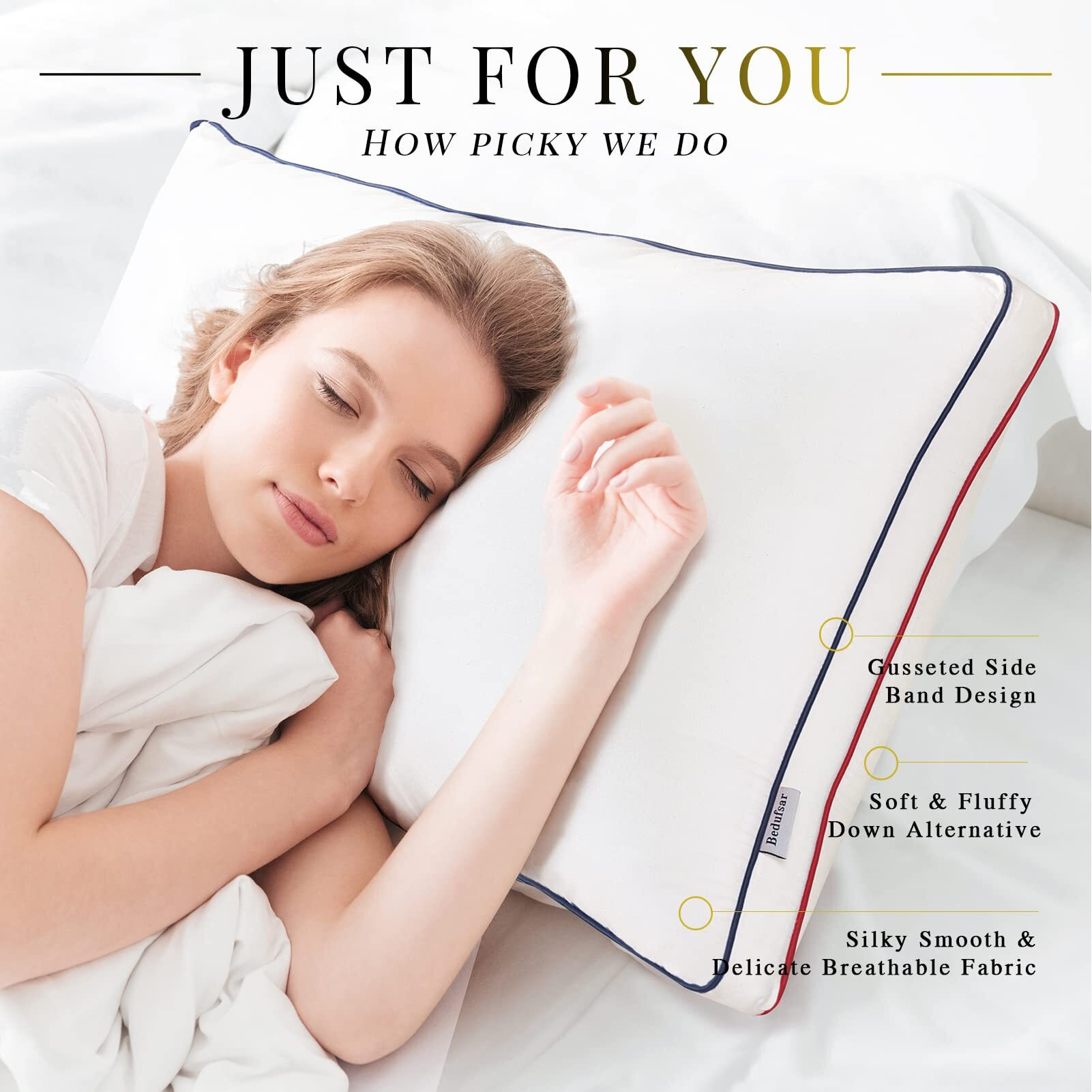 Bedufsar Bed Pillows For Sleeping, Queen Size Pillows Hotel Quality Set Of 2, Firm And Supportive Gusseted Pillows For Side And Back Sleepers, Cooling Down Alternative Fluffy Soft Pillow (20X30 In)