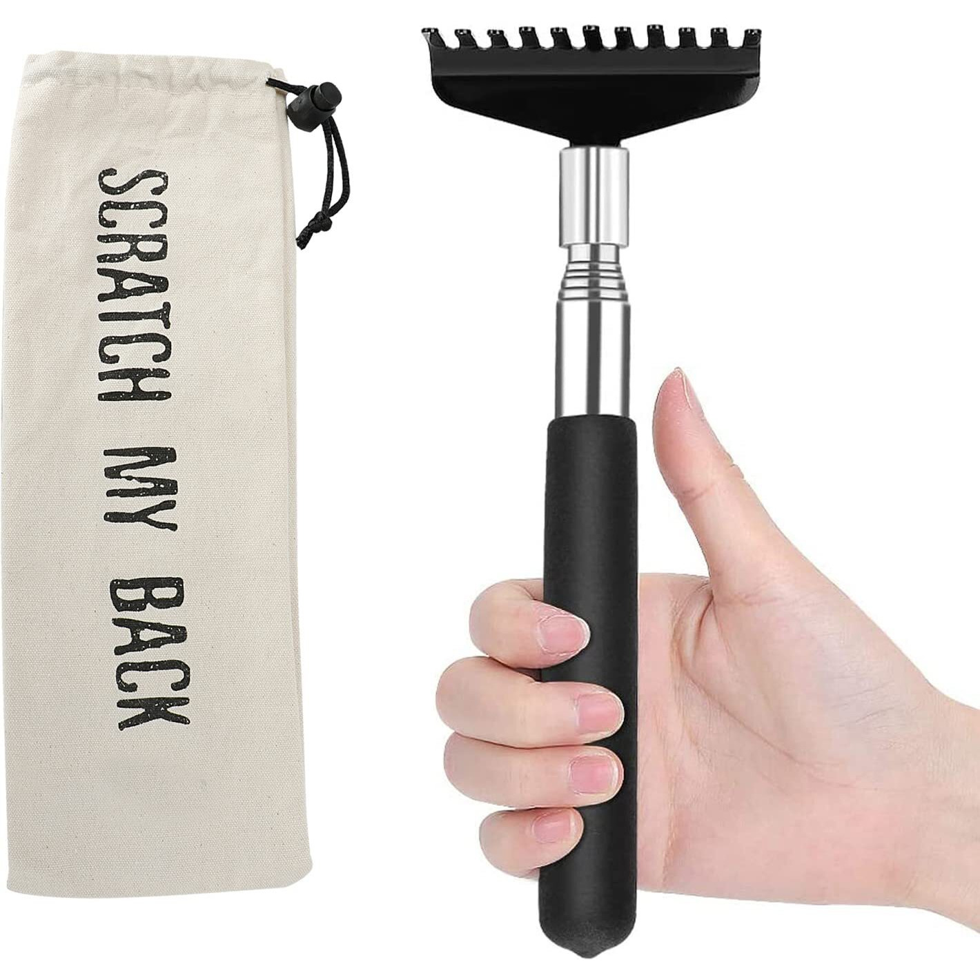 Flanker-L Oversized Portable Extendable Back Scratcher, Upgraded Metal Stainless Steel Telescoping Back Scratcher Tool With Canvas Carrying Bag