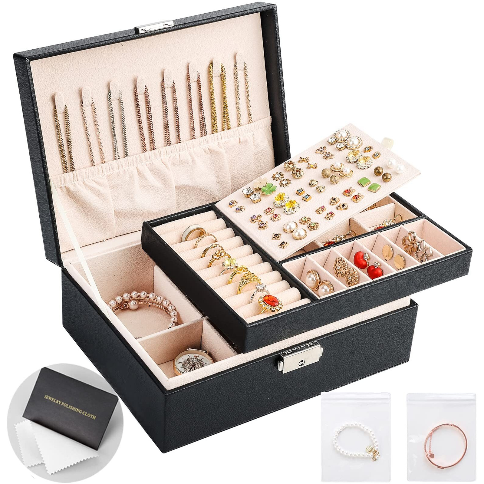 Sanikeon Jewelry Boxes For Women Girls 2 Layers Jewelry Organizer Box Leather Jewelry Case With Lock Jewelry Storage Box Removable Tray For Necklace Earring Ring With Polishing Cloth And Jewelry Bags