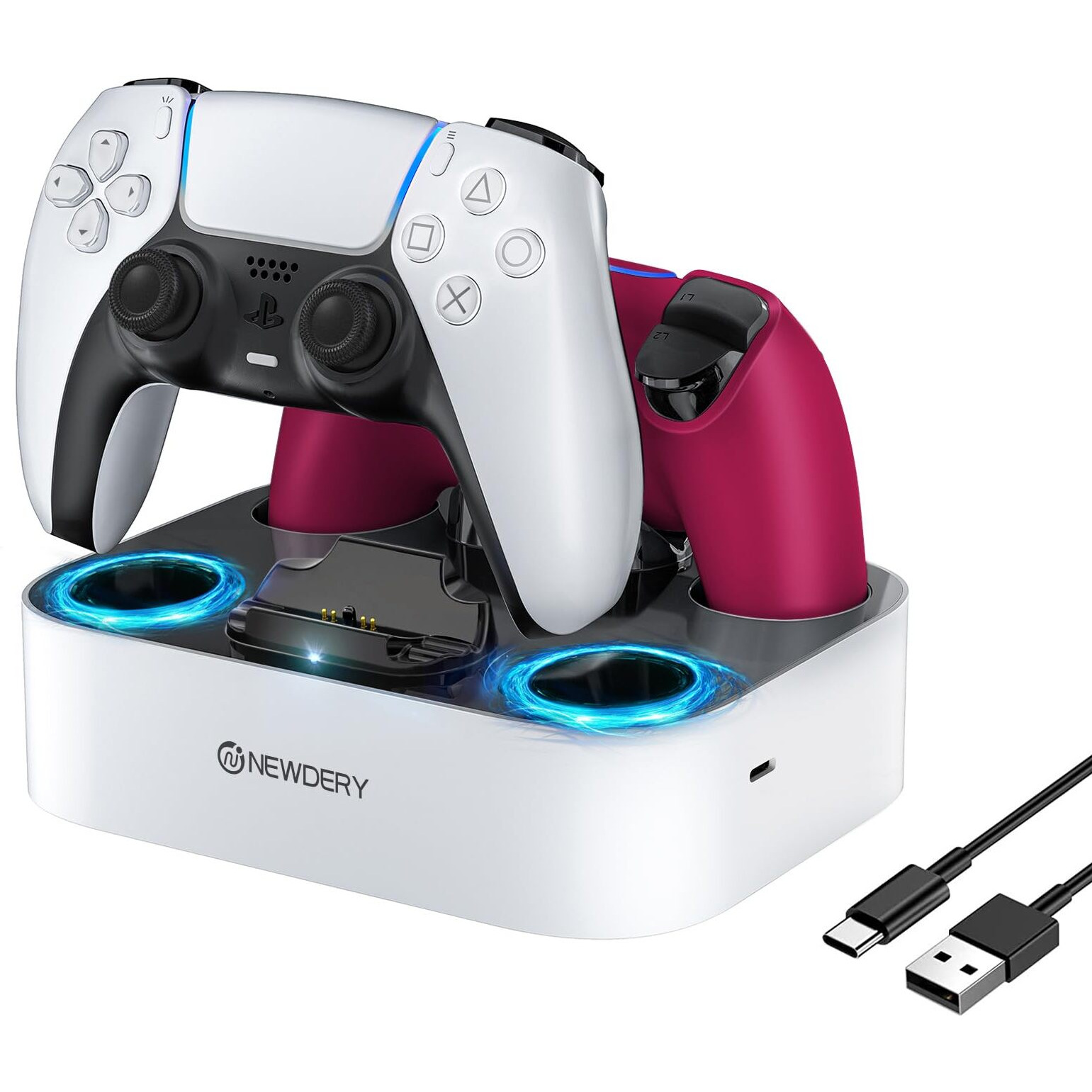 Newdery Ps5 Controller Charger Station Compatible With Dualsense Edge Controller, Fast Charging Dock Stand With Cable, Dual Controller Charging Station For Playstation 5 & Dualsense Edge Controller