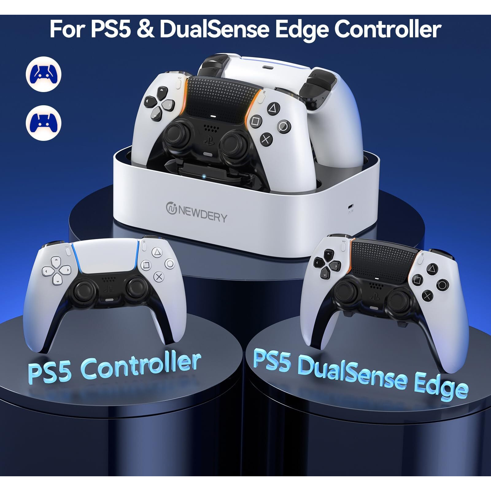 Newdery Ps5 Controller Charger Station Compatible With Dualsense Edge Controller, Fast Charging Dock Stand With Cable, Dual Controller Charging Station For Playstation 5 & Dualsense Edge Controller