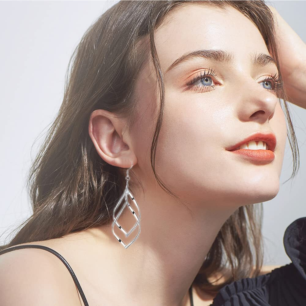 Sterling Silver Earrings Dangle Hoops Elegant Rotating Earring For Womens (Silver)