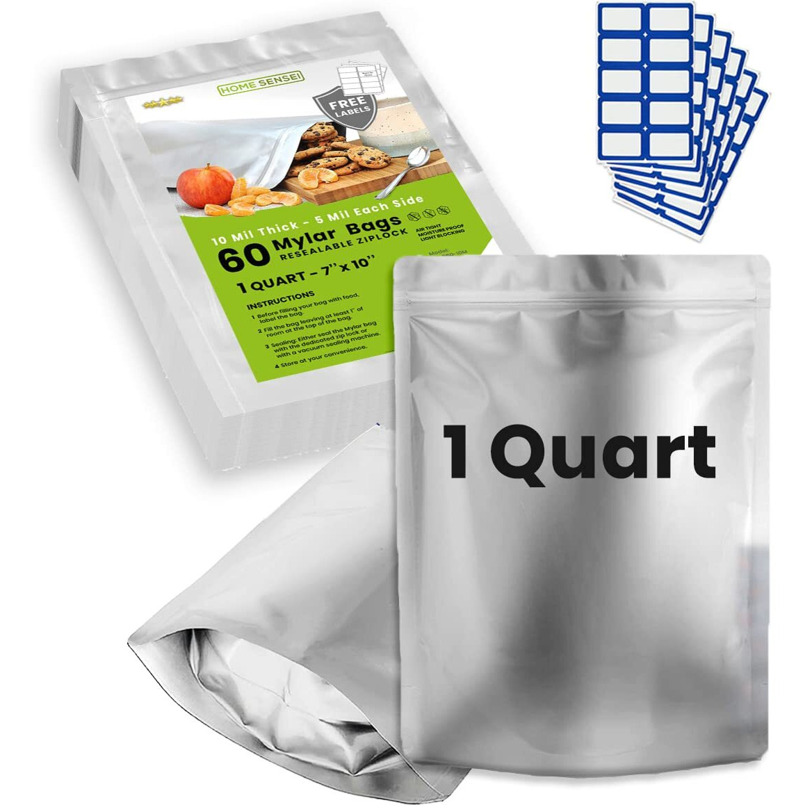 60Pcs 1 Quart Mylar Bags For Food Storage - Extrathick 10 Mil - Smell Proof Mylar Bags 1 Quart - Stand-Up Zipper Pouches 7 X 10 - Small Mylar Bags For Food Storage - Ziplock  Heat Sealable