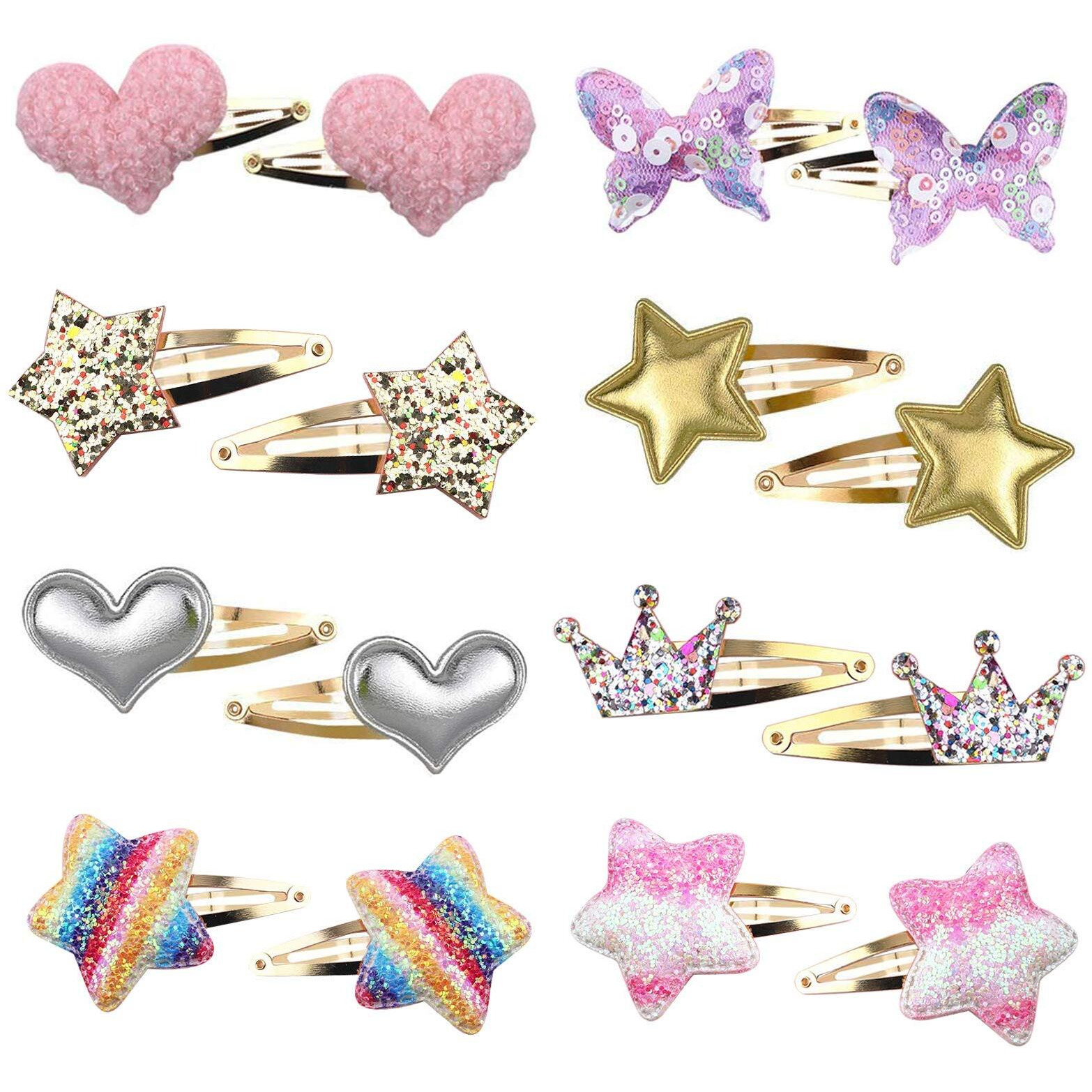 Gingbiss 8 Pairs16 Pack Hair Clips For Girls, Starcrownheartbutterfly Shaped Kids Hair Barrettes, Cute Hair Clips Metal Snap Hair Pins Sparkly Hair Styling Accessories For Girls Kids