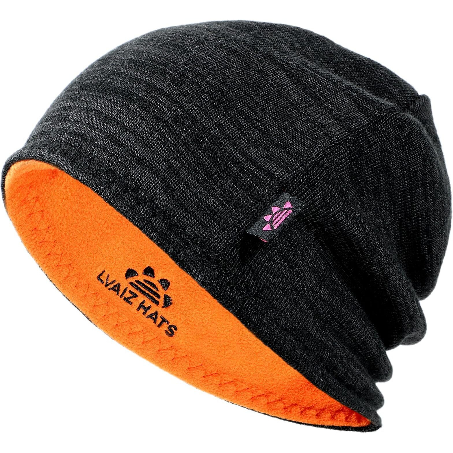 Lvaiz Winter Fleece Lined Knitted Beanie Hats For Men Reversible Windproof Watch Hat Warm Skull Cap For Women(Black+Orange)