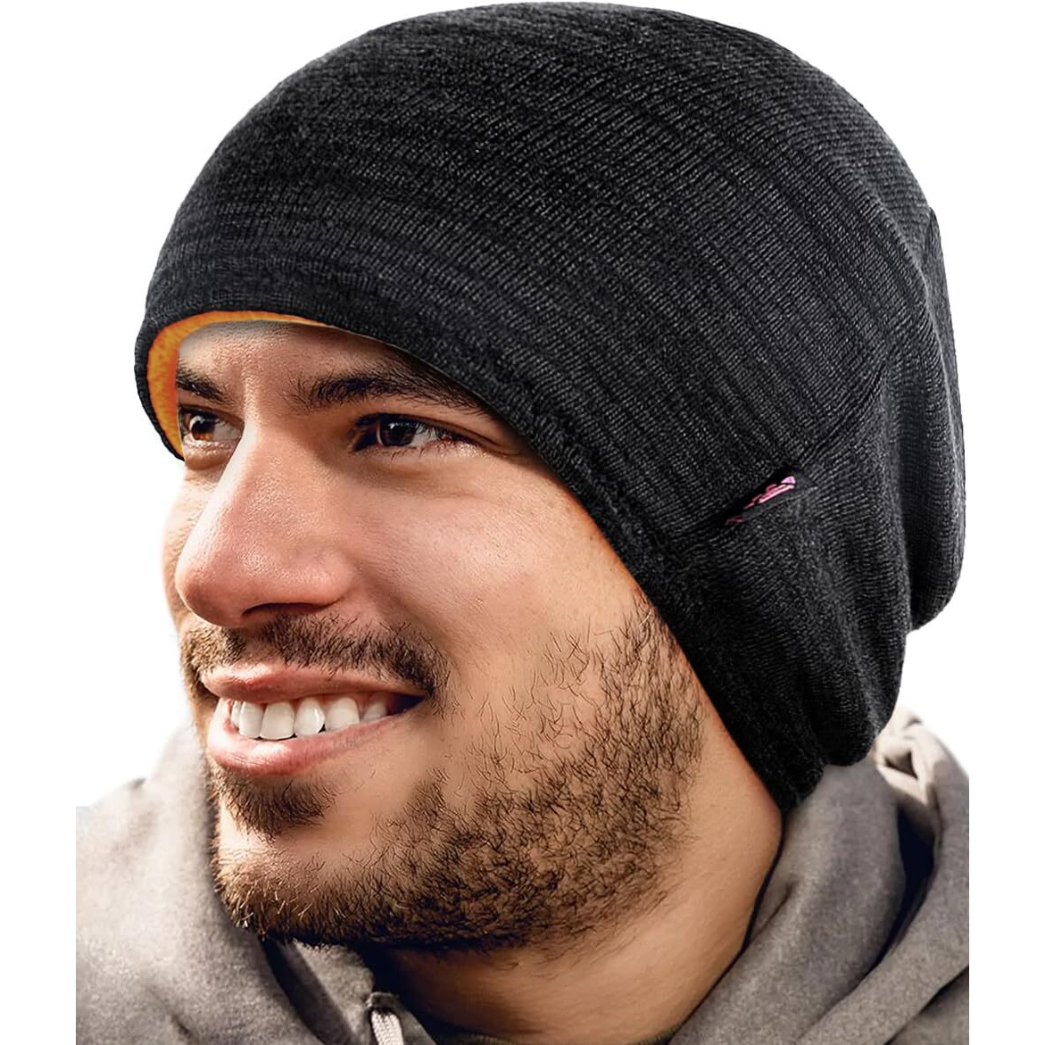 Lvaiz Winter Fleece Lined Knitted Beanie Hats For Men Reversible Windproof Watch Hat Warm Skull Cap For Women(Black+Orange)