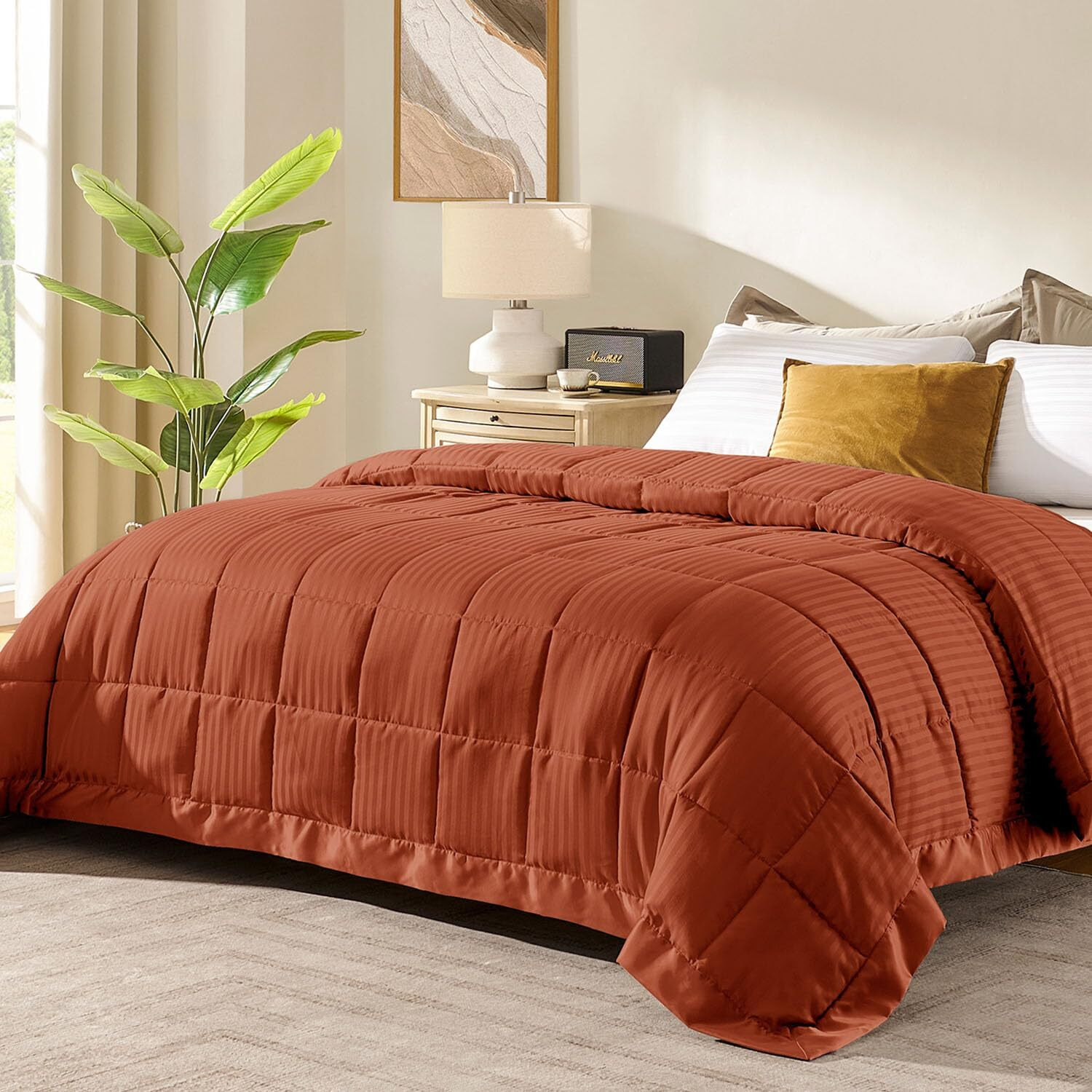 Downluxe Queen Size Blanket With Satin Trim, Lightweight Down Alternative Blankets Queen Size For All Season, Machine Washable (Burnt Orange, 90X90 Inch)