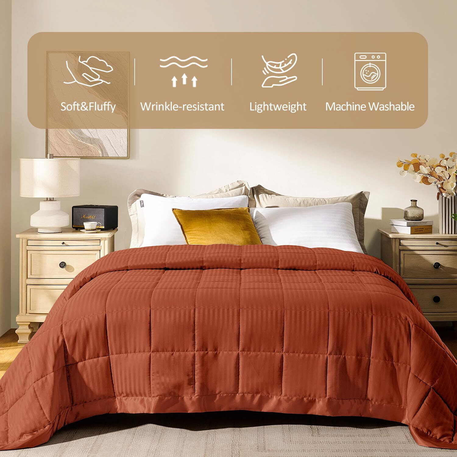 Downluxe Queen Size Blanket With Satin Trim, Lightweight Down Alternative Blankets Queen Size For All Season, Machine Washable (Burnt Orange, 90X90 Inch)