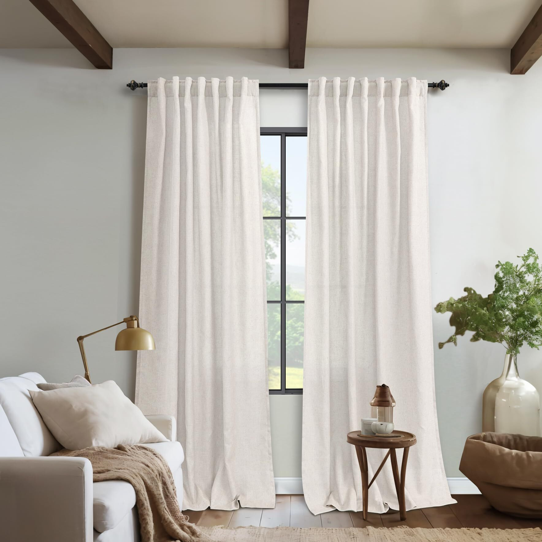 Koufall 84 Inch Length Linen Curtains Drapes For Living Room 2 Panels Set,Cream Beige Neutral Boho Light Filtering Semi Sheer Curtains For Bedroom 84 Inches Long,Ivory Off White
