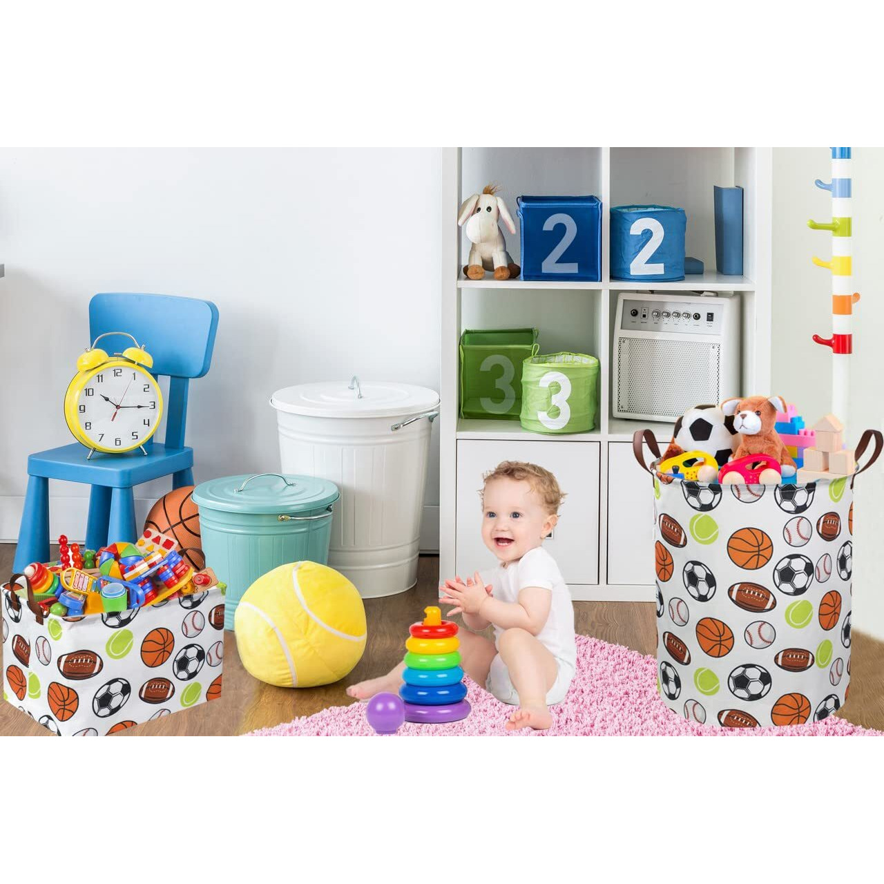 Sanjiaofen Kids Laundry Basket,Basketball Laundry Hamper Collapsible Baby Storage Baskets For Boys Room Decor,Nursery Hamper,Bedroom,Toy Organizer,(Ball)