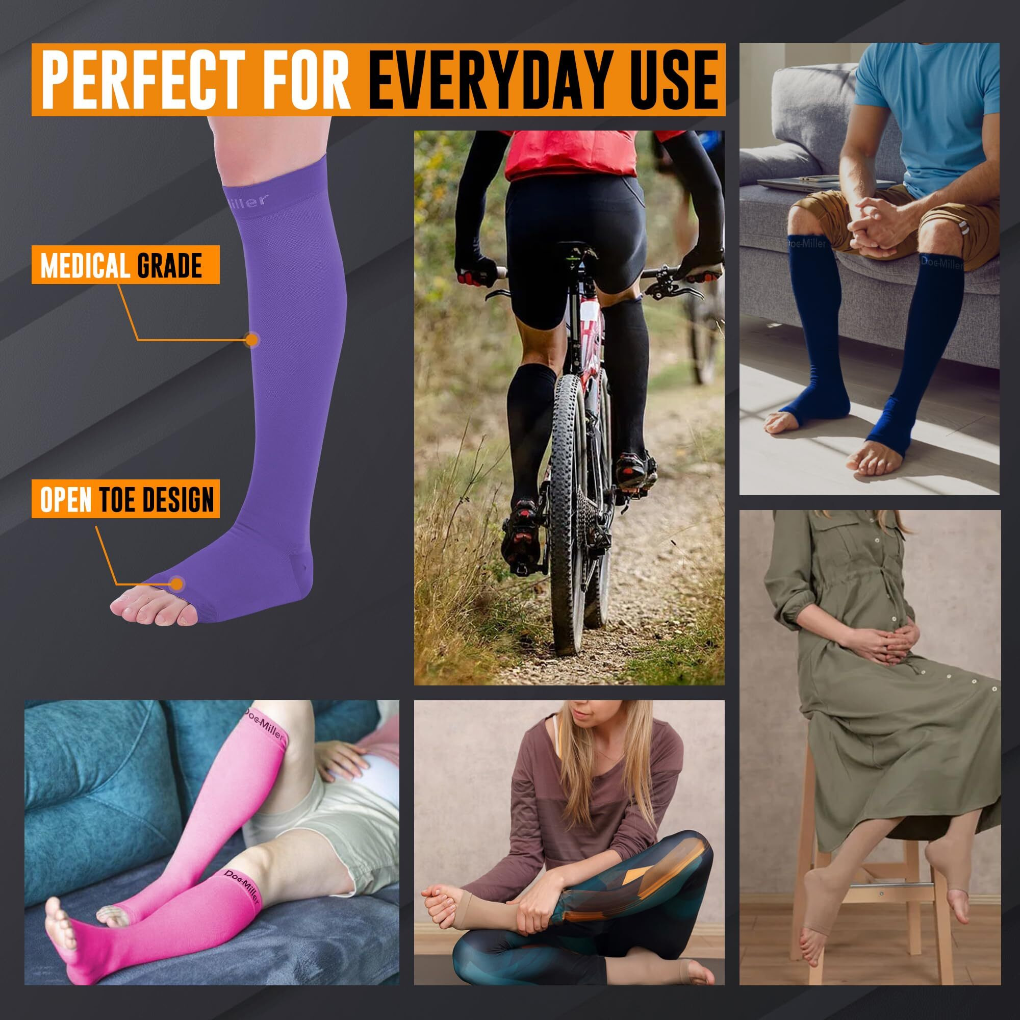Doc Miller Open Toe Compression Socks, 20-30 Mmhg, Toeless, Support Circulation, Shin Splints, Calf Recovery, Post Op, Knee High, Medical Grade, Violet Socks, Small Size For Men & Women, Pair