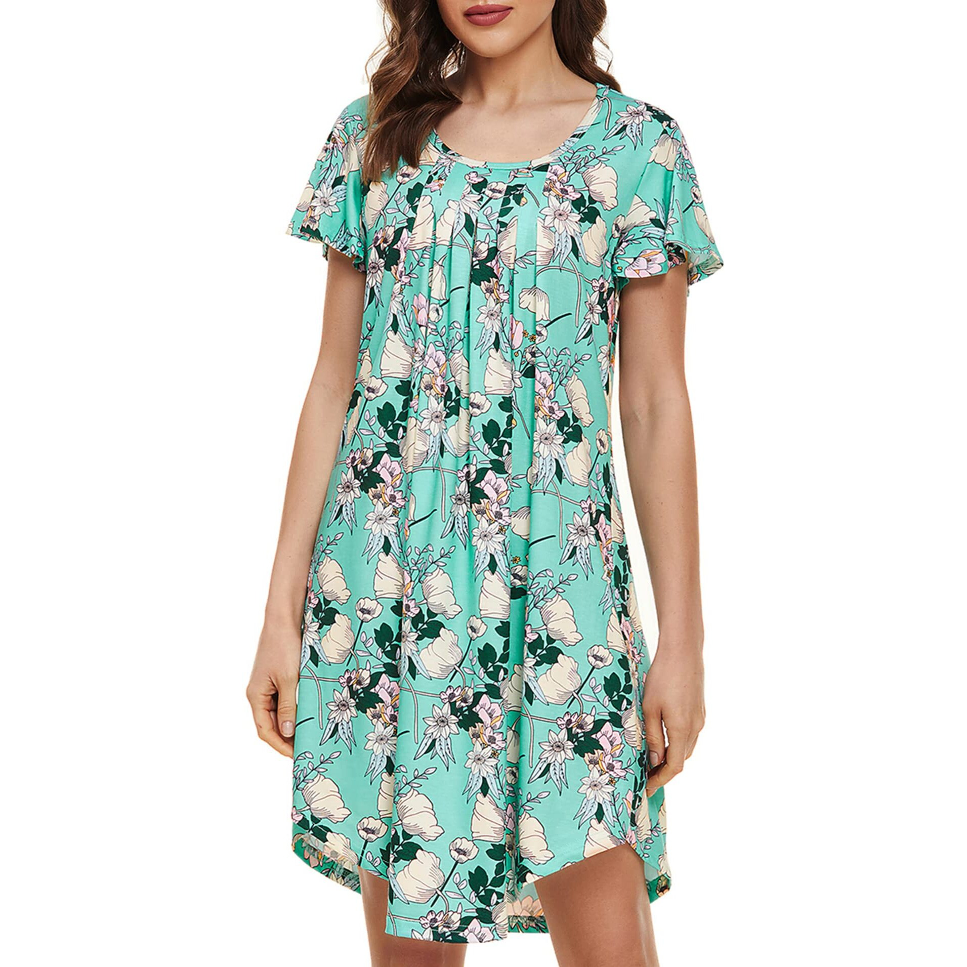 Ekouaer Womens Nightgown Soft Sleepwear Pleated Sleepshirt Sleep Dress Short Sleeve Nightdress Blue Flower M