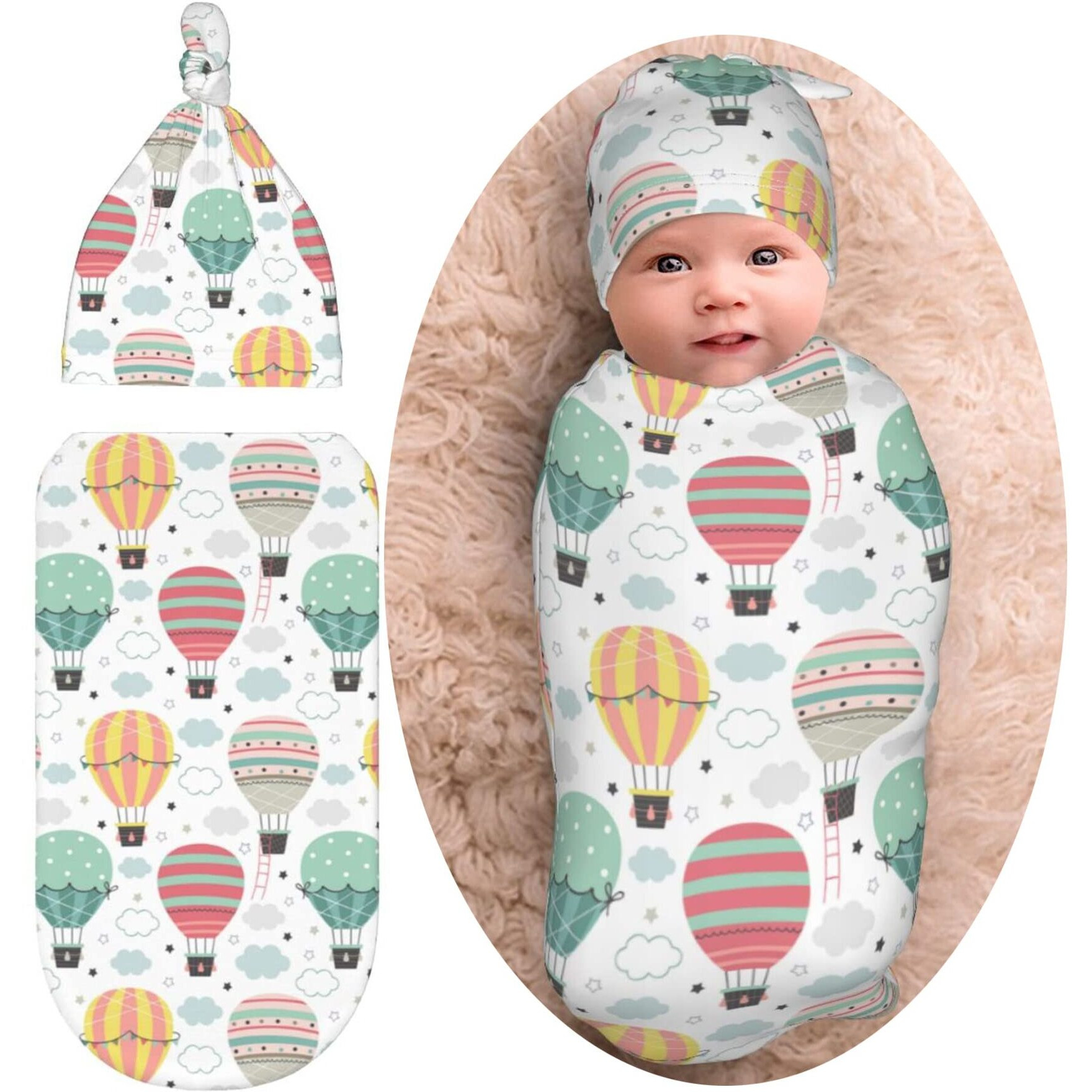 Hot Air Balloon Baby Stuff Newborn Baby Swaddle Blanket Wrap Baby Receiving Blanket Soft Stretchy Sleep Sack With Beanie Hat Set Gifts For Infant Boy Girl