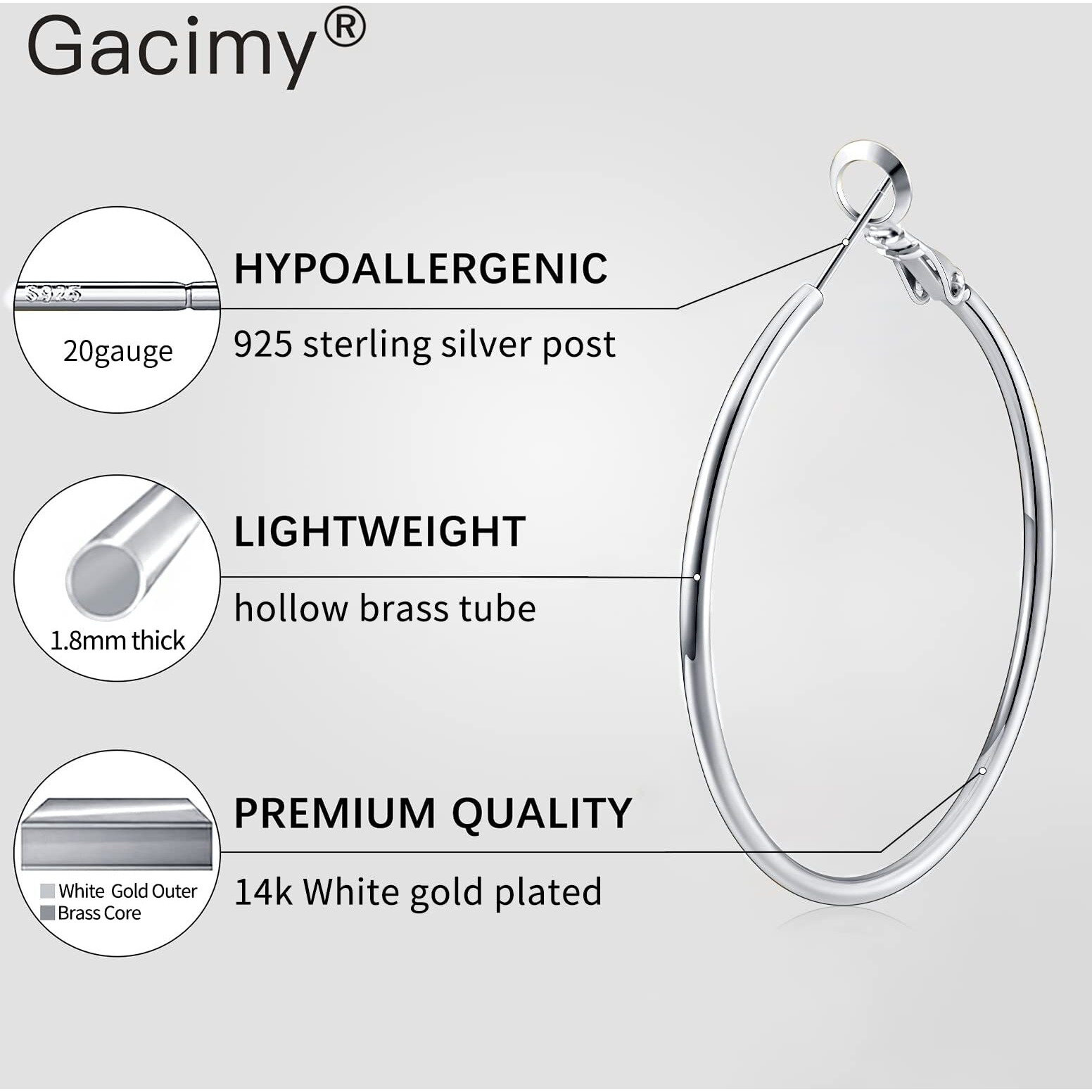 Gacimy Large Big Silver Hoop Earrings For Women 14K White Gold Plated, 925 Sterling Silver Post Gold Hoops For Women, 70Mm White Gold Hoop Earrings For Women