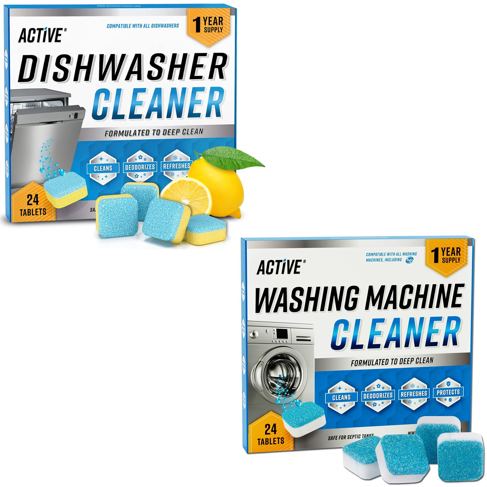 Active Washing Machine And Dishwasher Cleaning Tablets Bundle - Includes 12 Month Supply Dishwasher Cleaner Deodorizer  Washing Machine Descaler Deep Cleaning Tablets - 48 Tablet Combo