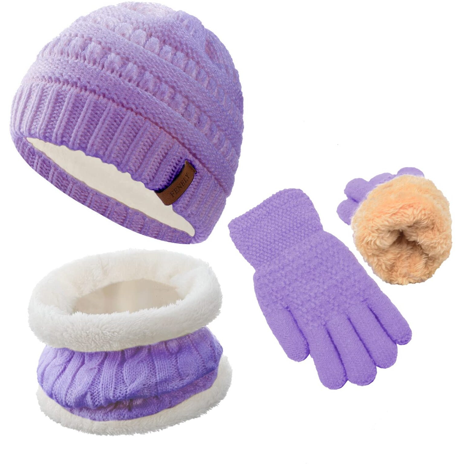 Girls Winter Hat Scarf Gloves Set For Cold Weather, Kids Beanie Hat Infinity Scarf Knitted Gloves Sets Purple Knit Thick Warm Fleece Lined Thermal Set For 6-10 Years Old Boy Baby Toddler Children