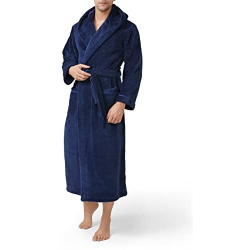 David Archy Mens Hooded Robe Plush Coral Fleece Warm Cozy Long Bathrobe (Xl, Navy Blue)