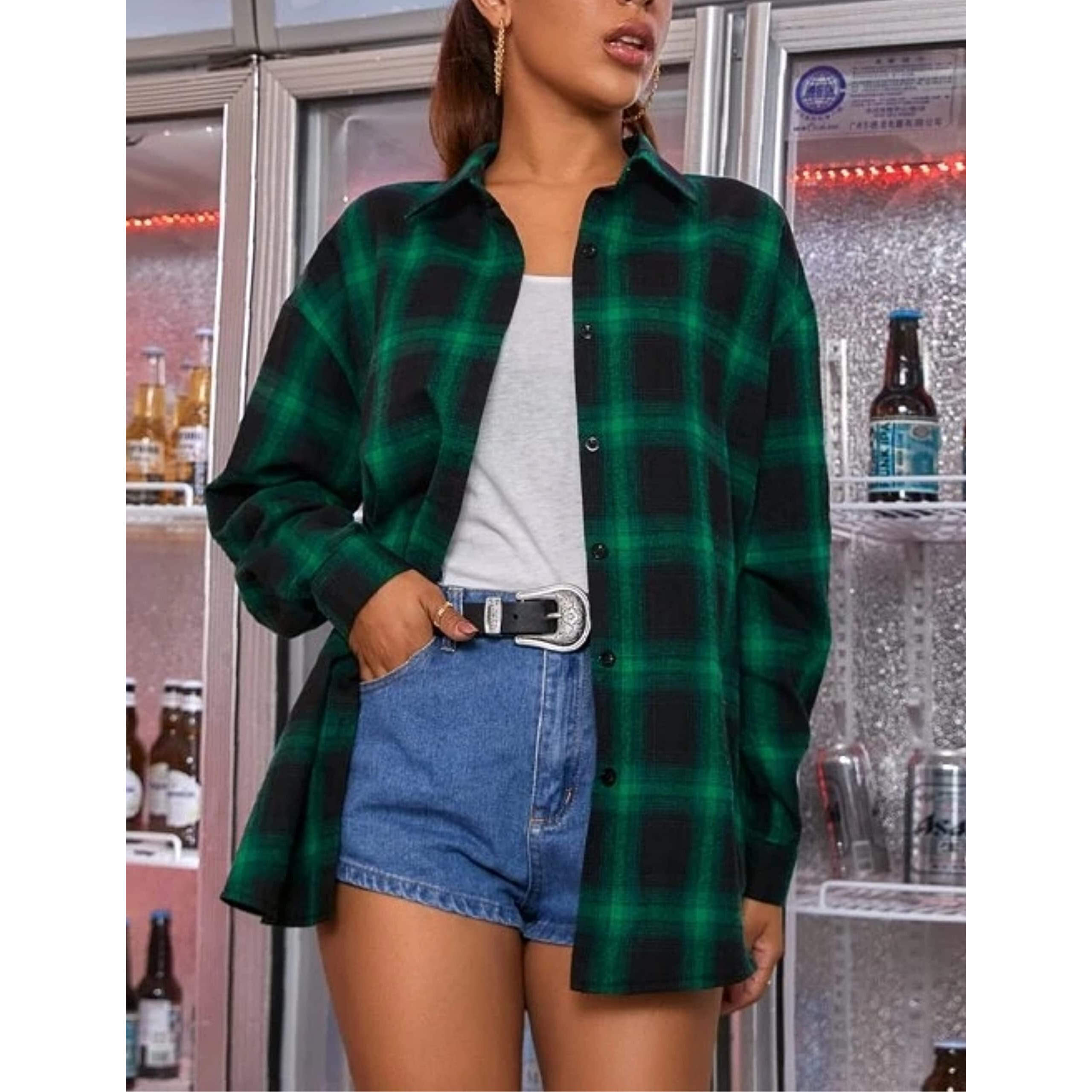 Hangnifang Oversized Dark Green Flannel Plaid Shirts For Women Long Sleeve Button Down Shirts Blouse(0368-Darkgreen-Xl)