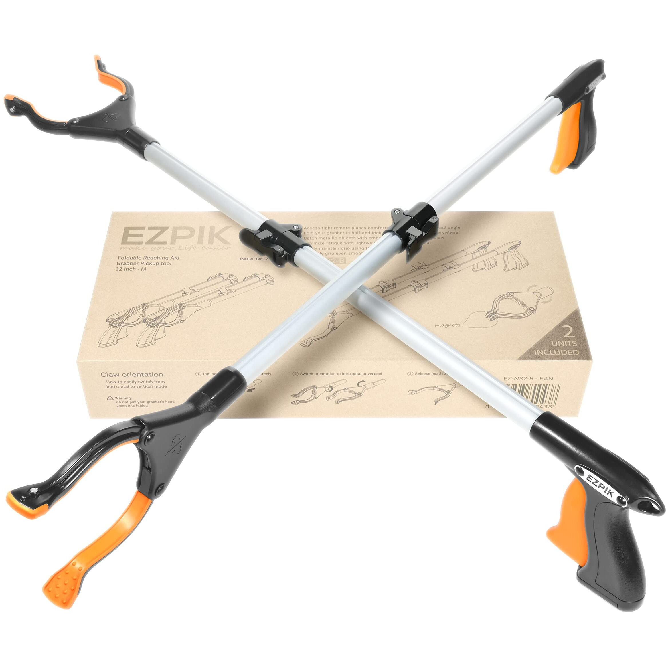 Ezpik 2 X 32 Litter Picker Grabber  Magnets - Grabbing Stick To Pick Up Trash - Grabbers And Pickers Heavy Duty - Reachers For Seniors With Rotating Grippers For Reaching Underneath (2 Pack)