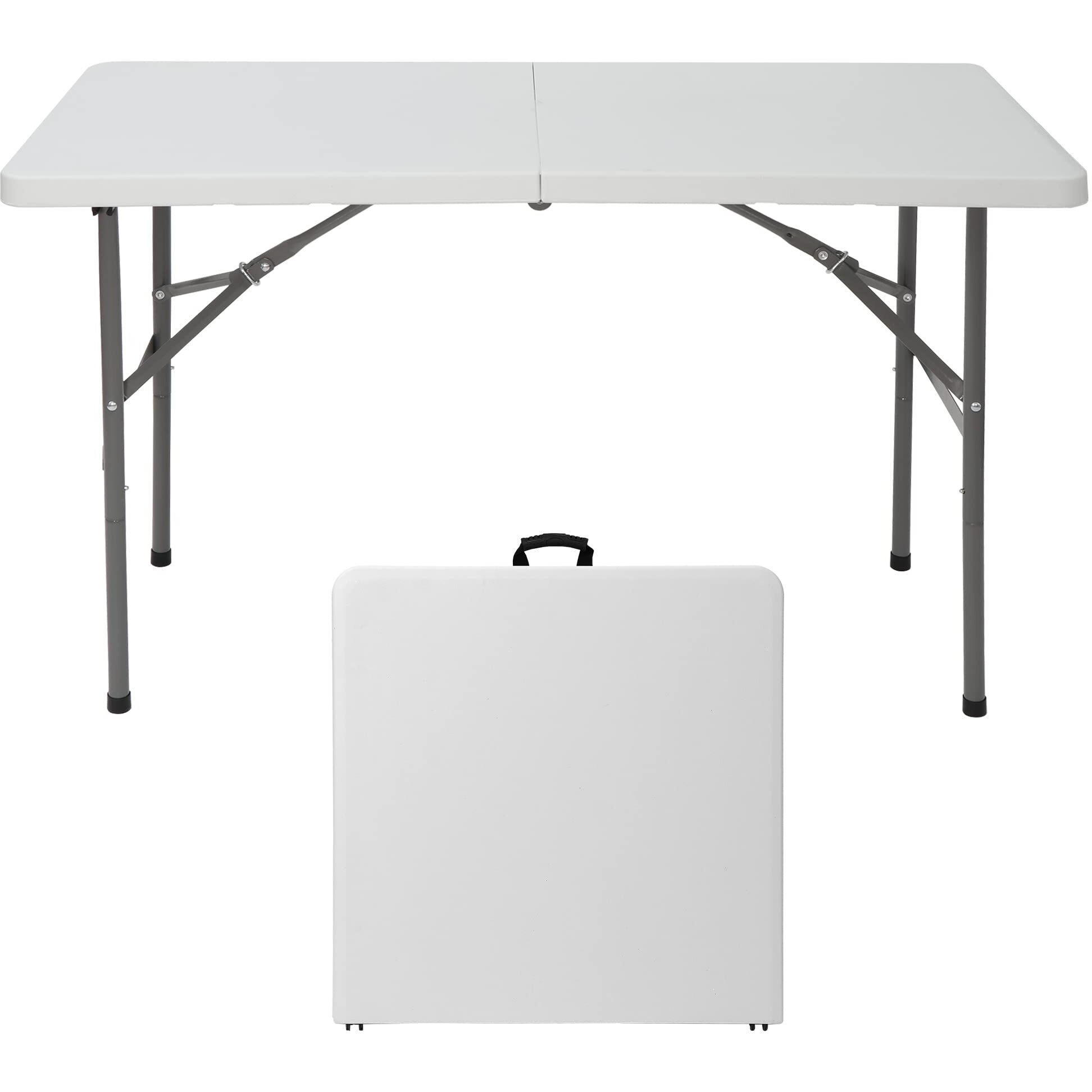 Zenstyle 4 Ft Indoor Outdoor Heavy Duty Plastic Folding Table Portable Picnic Table Fold-In-Half Utility Table W/Handle And Steel Legs For Camping, Dining, Party, White