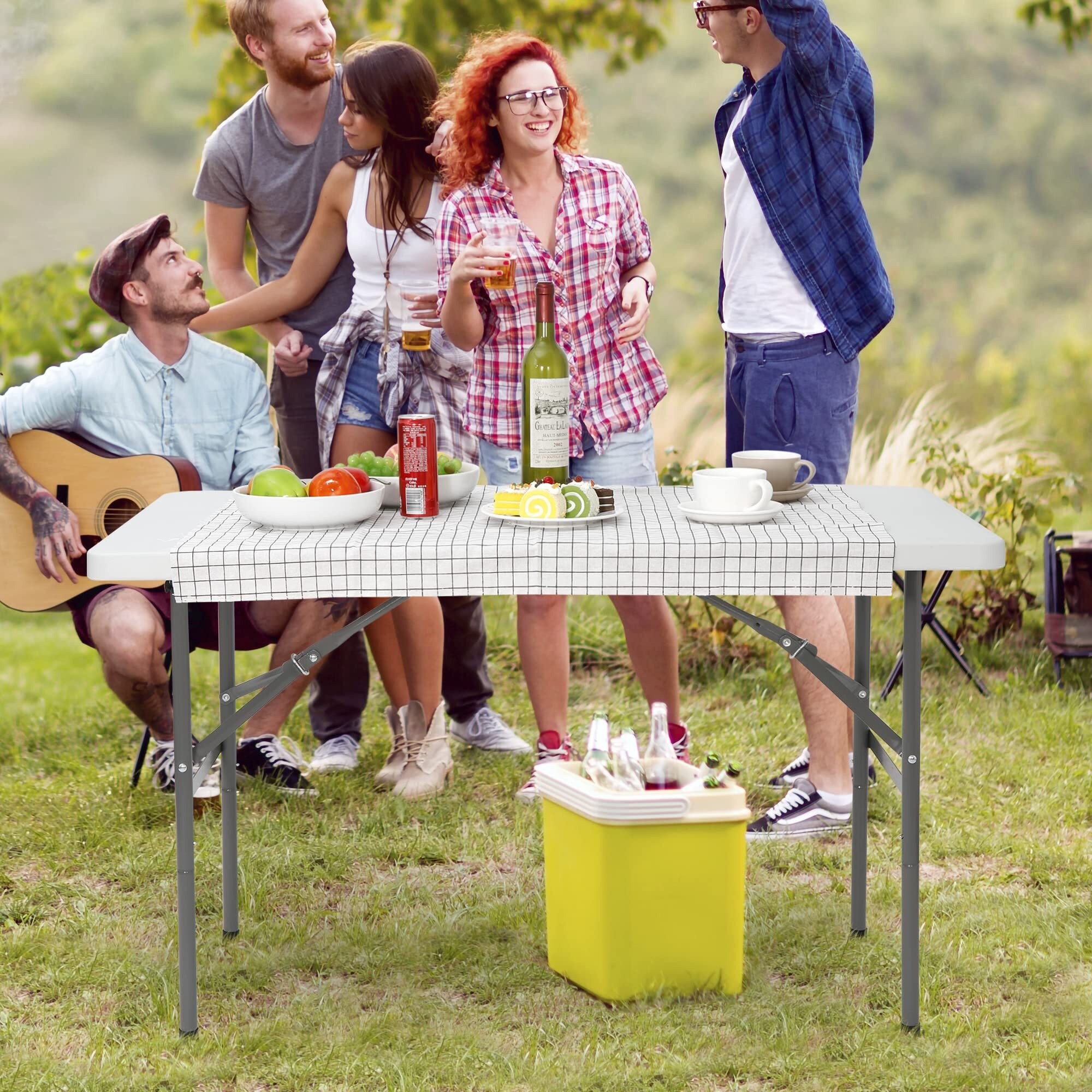 Zenstyle 4 Ft Indoor Outdoor Heavy Duty Plastic Folding Table Portable Picnic Table Fold-In-Half Utility Table W/Handle And Steel Legs For Camping, Dining, Party, White