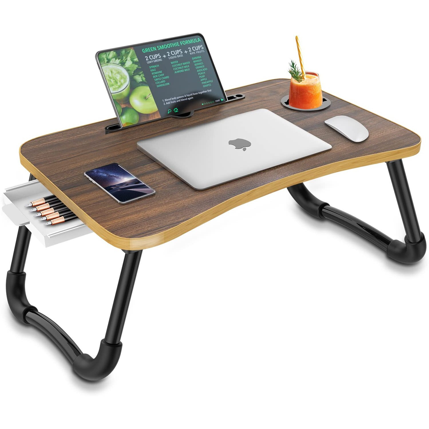 Zapuno Foldable Laptop Bed Table Multi-Function Lap Bed Tray Table With Storage Drawer And Water Bottle Holder, Serving Tray Dining Table With Slot For Eating, Working On Bedcouchsofa