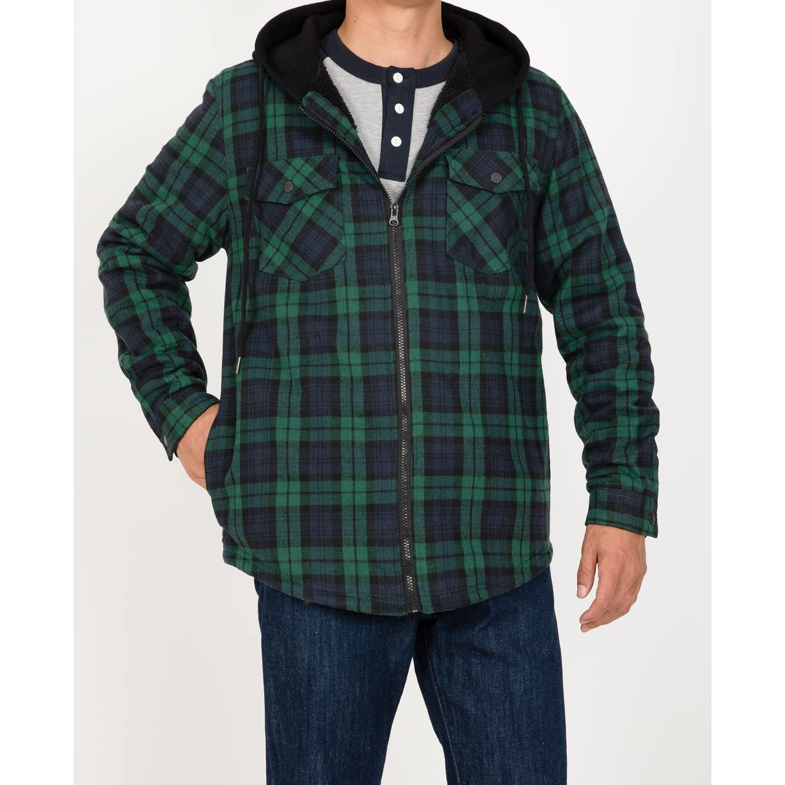 Zenthace Hooded Flannel Jacket Men Sherpa Fleece Lined Full Zip Up Flannel Plaid Shirt Jackets Mens Flannel Hoodie Bw L