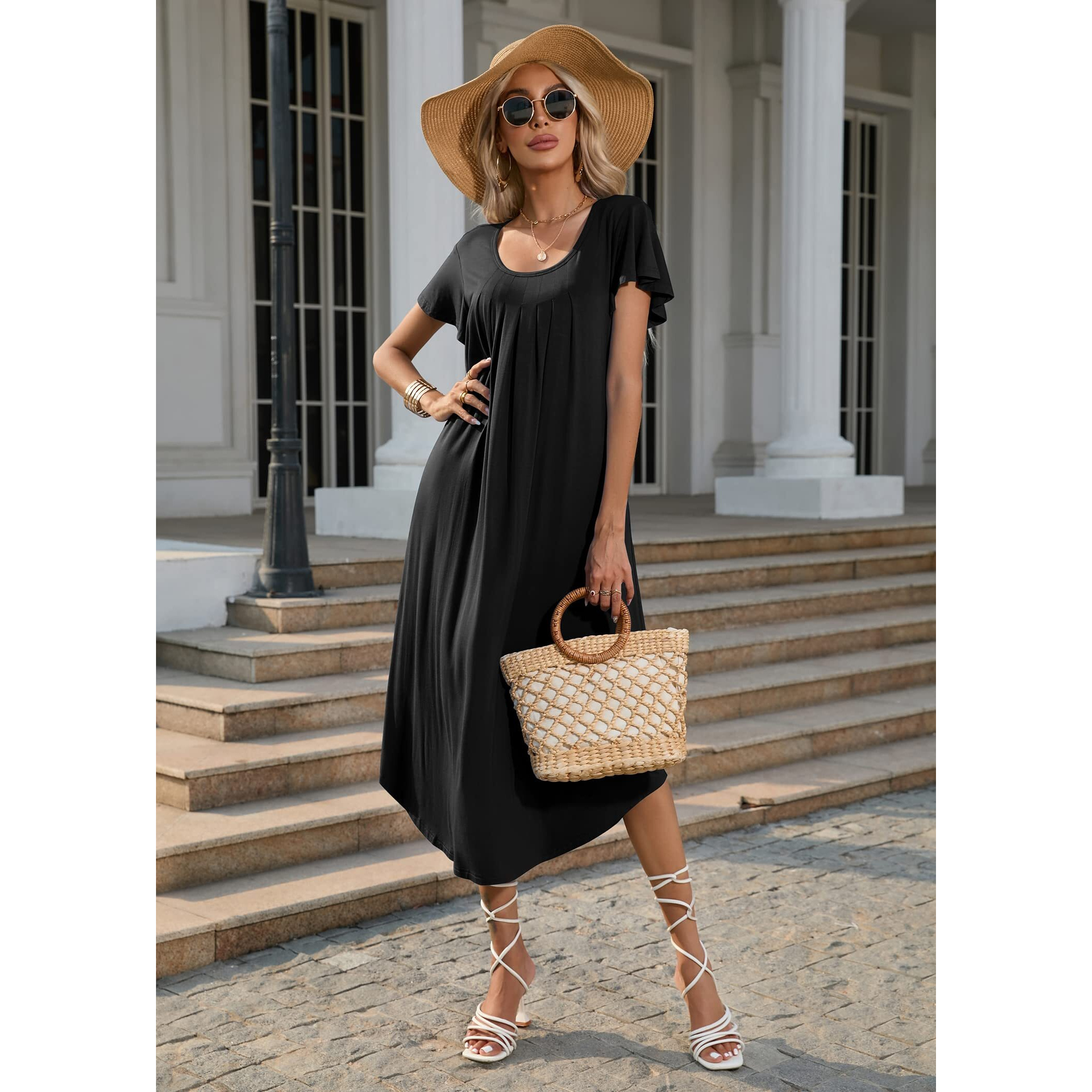 Ekouaer Women 's Nightgowns Long Sleepshirt Short Flare Sleeve Sleepwear Soft Night Shirts With Pockets Black 2Xl