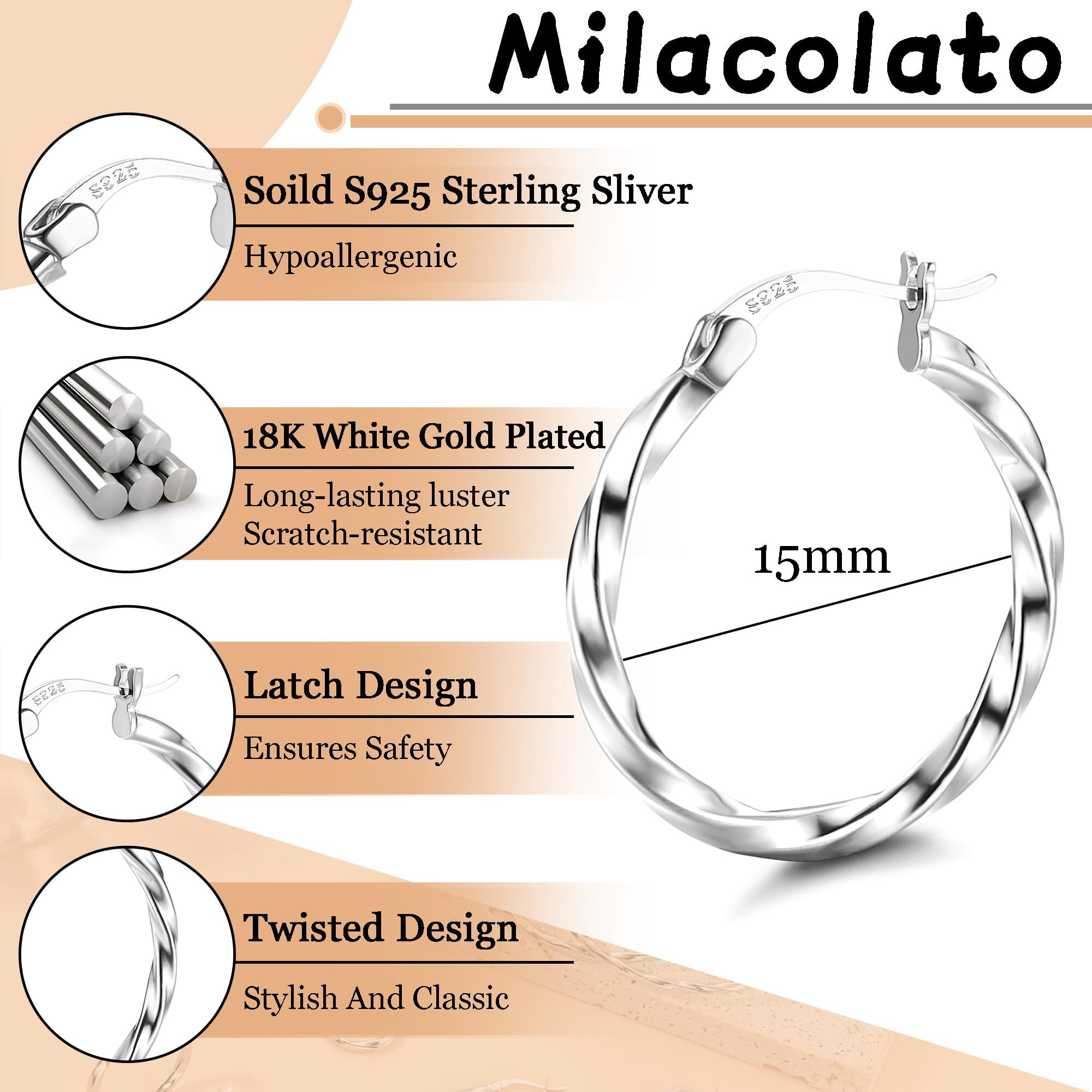 Milacolato 925 Sterling Silver Hoop Earrings For Women 18K White Gold Plated Twisted Hoop Earrings Hypoallergenic Lightweight Click-Top Big Hoop Earrings 15Mm