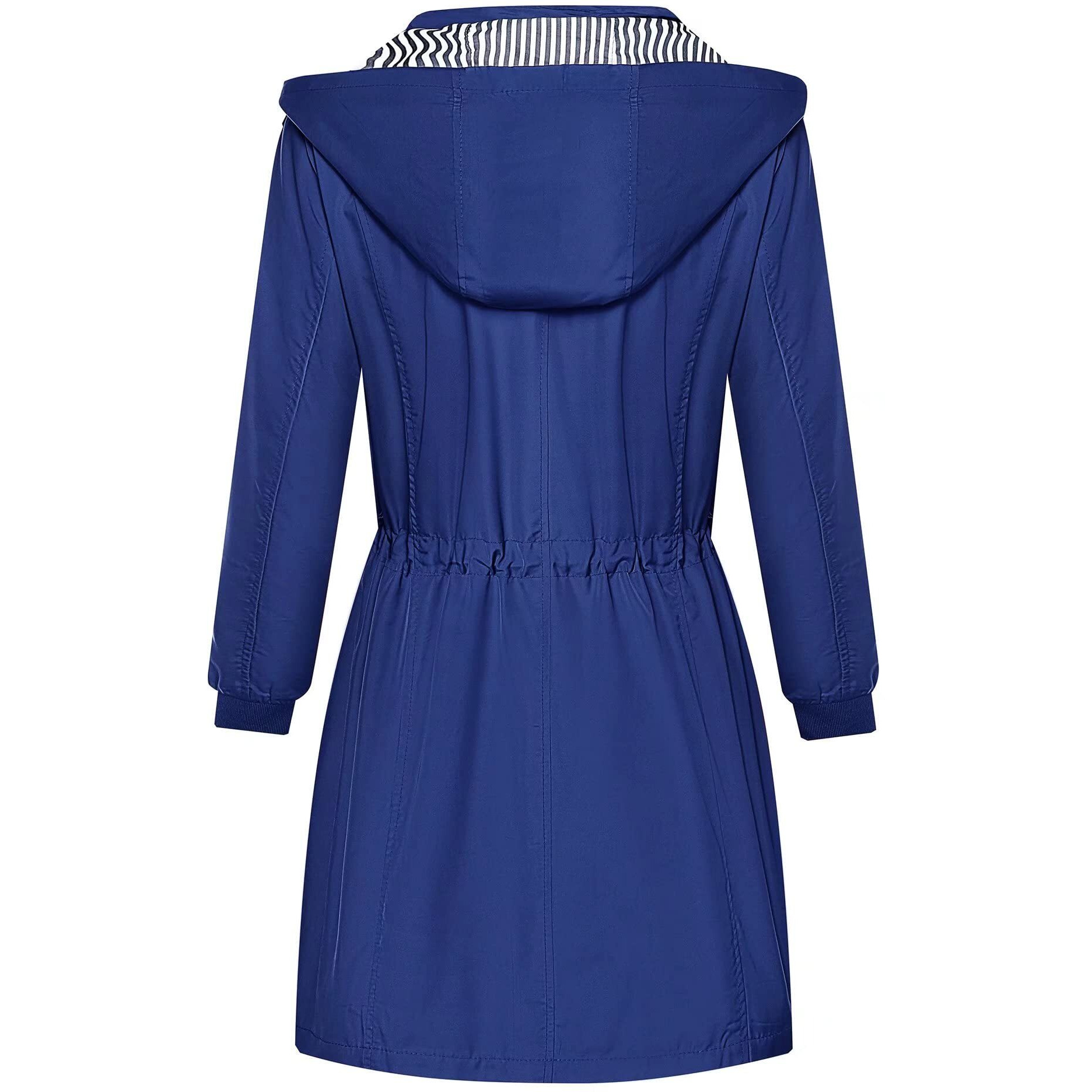 Rain Jackets For Women Waterproof Lightweight Striped Lined Women 's Raincoats With Hood Long Rain Coat Royal Blue L
