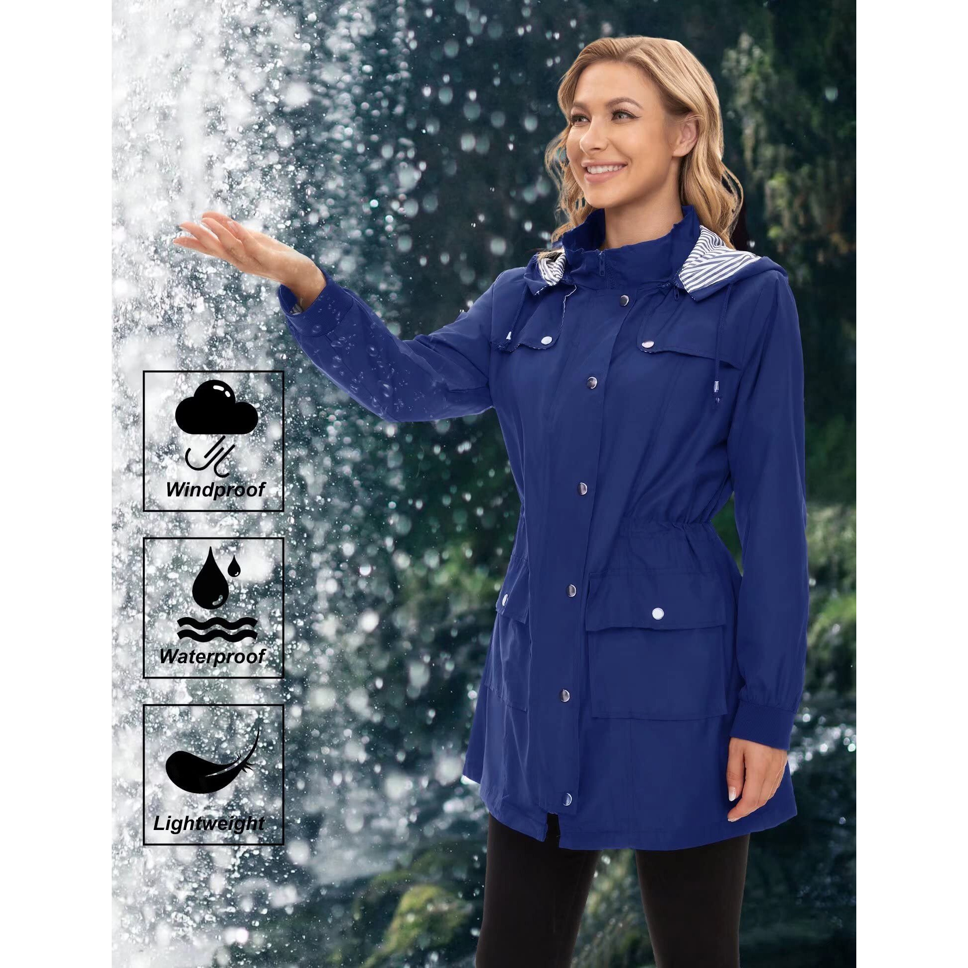 Rain Jackets For Women Waterproof Lightweight Striped Lined Women 's Raincoats With Hood Long Rain Coat Royal Blue L