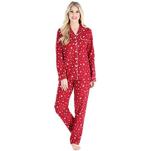 Pajamamania Womens Cotton Flannel Long Sleeve Button-Down Pajamas Pj Set, Cranberry Star, Small,