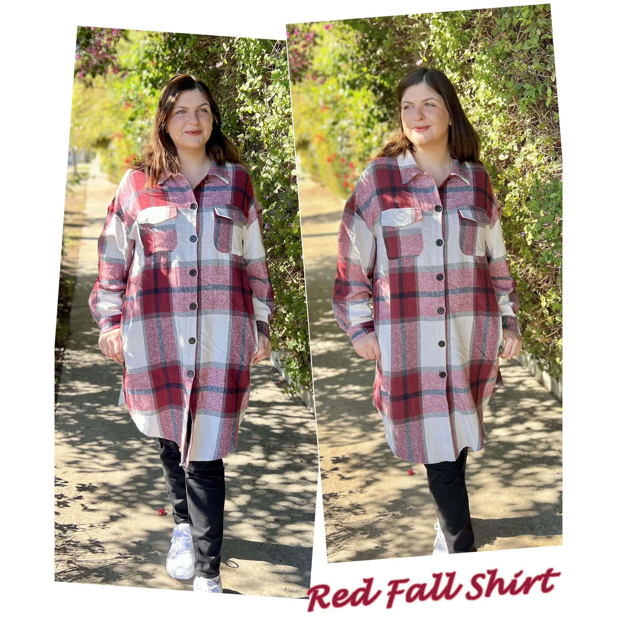 In 'Voland Womens Plus Size Flannel Plaid Shirts Long Sleeve Lounge Lapel Boyfriend Button Down Tartan Long Jacket Coats Wine Red