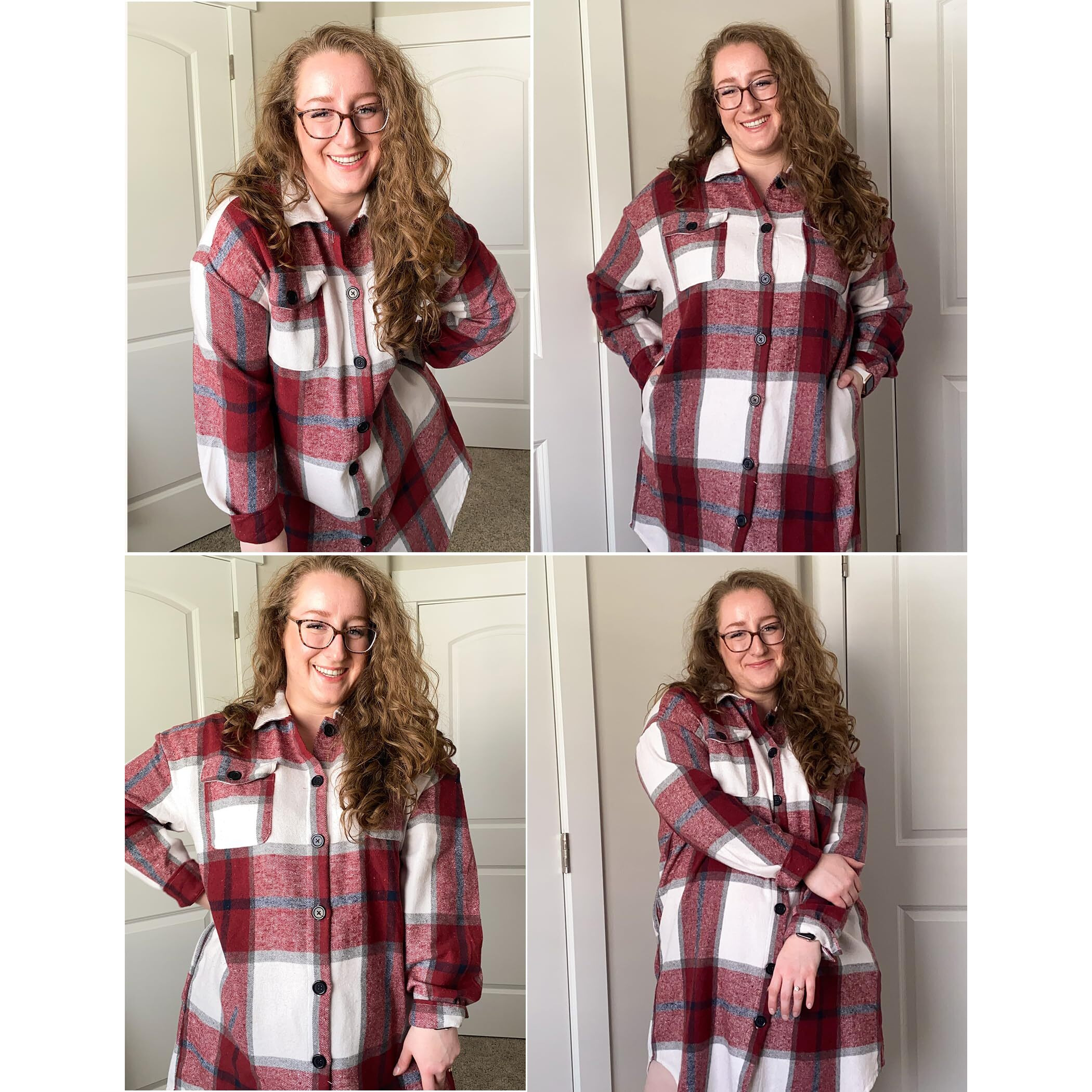 In 'Voland Womens Plus Size Flannel Plaid Shirts Long Sleeve Lounge Lapel Boyfriend Button Down Tartan Long Jacket Coats Wine Red