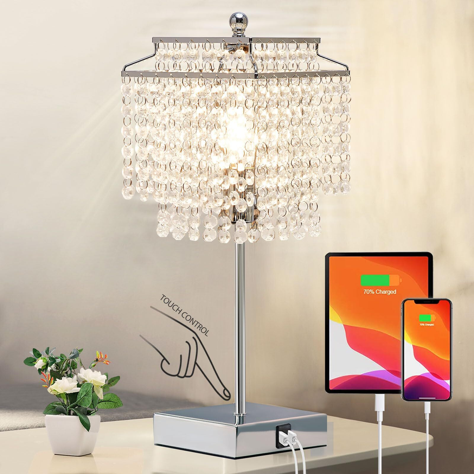 Luvkczc Touch Crystal Table Lamp Silver, Bedside Lamp With Usb C+A Ports, Dimmable Nightstand Lamp With Crystal Shade, Bedroom Lamp For Girls Bedroom, Living Room, Bulb Included