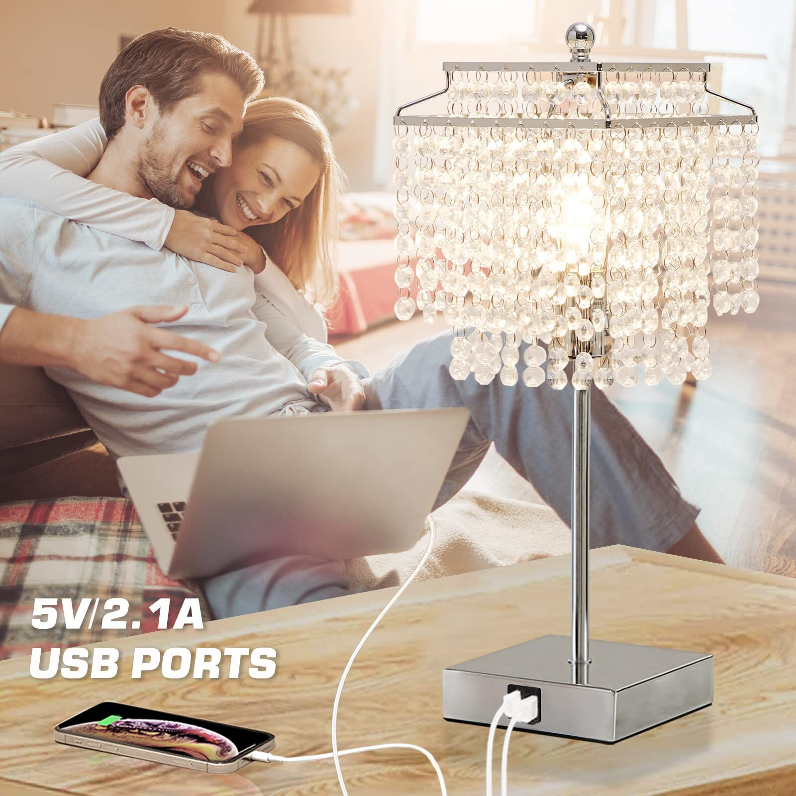 Luvkczc Touch Crystal Table Lamp Silver, Bedside Lamp With Usb C+A Ports, Dimmable Nightstand Lamp With Crystal Shade, Bedroom Lamp For Girls Bedroom, Living Room, Bulb Included