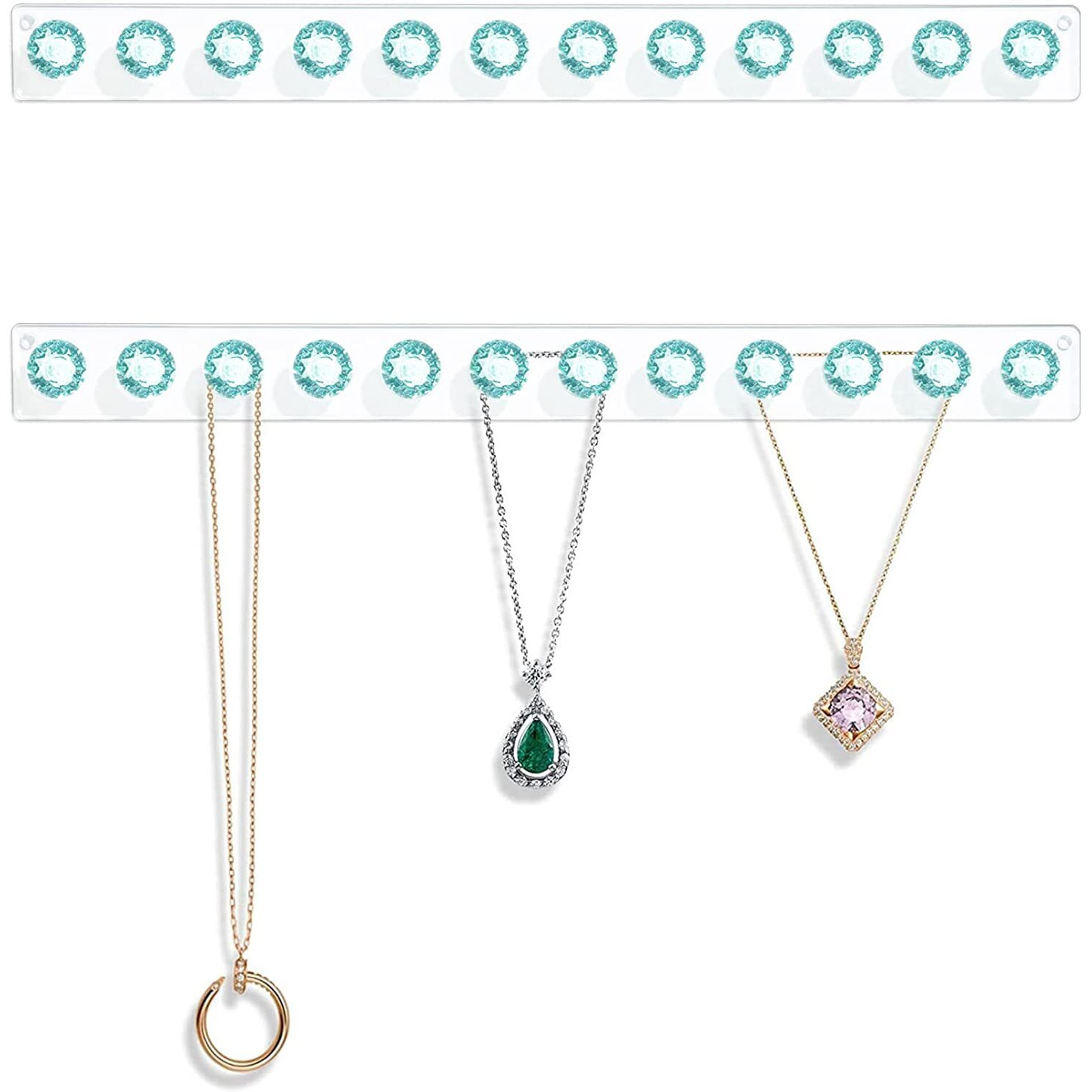 Acrylic Necklaces Holder Wall Mounted Necklace Hangers Hanging Jewelry Organizer With 12 Hooks, Clear Jewelry Hangers For Necklace Organizer For Girls Women, Necklace Hooks For Wall (Green, 2 Pack)
