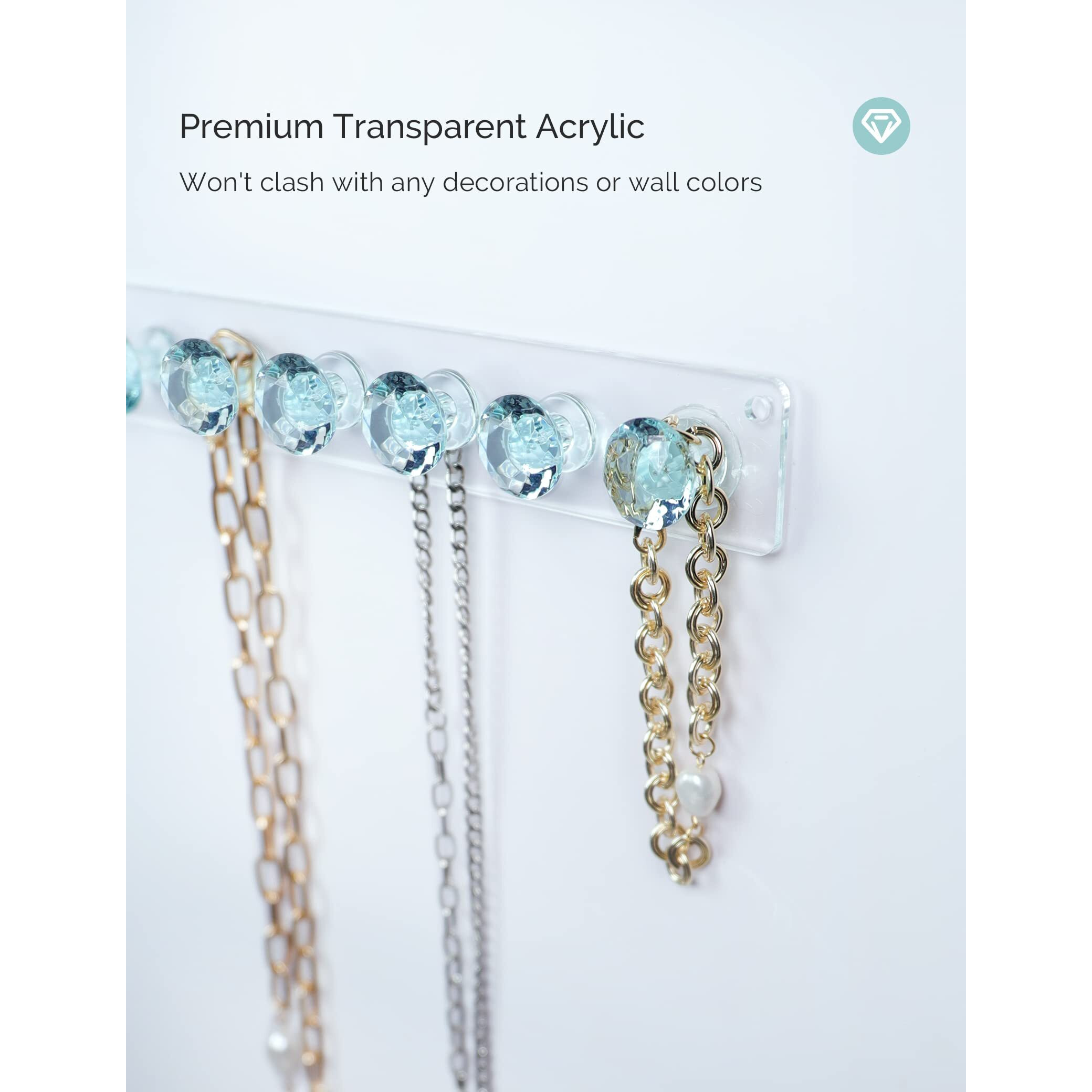 Acrylic Necklaces Holder Wall Mounted Necklace Hangers Hanging Jewelry Organizer With 12 Hooks, Clear Jewelry Hangers For Necklace Organizer For Girls Women, Necklace Hooks For Wall (Green, 2 Pack)