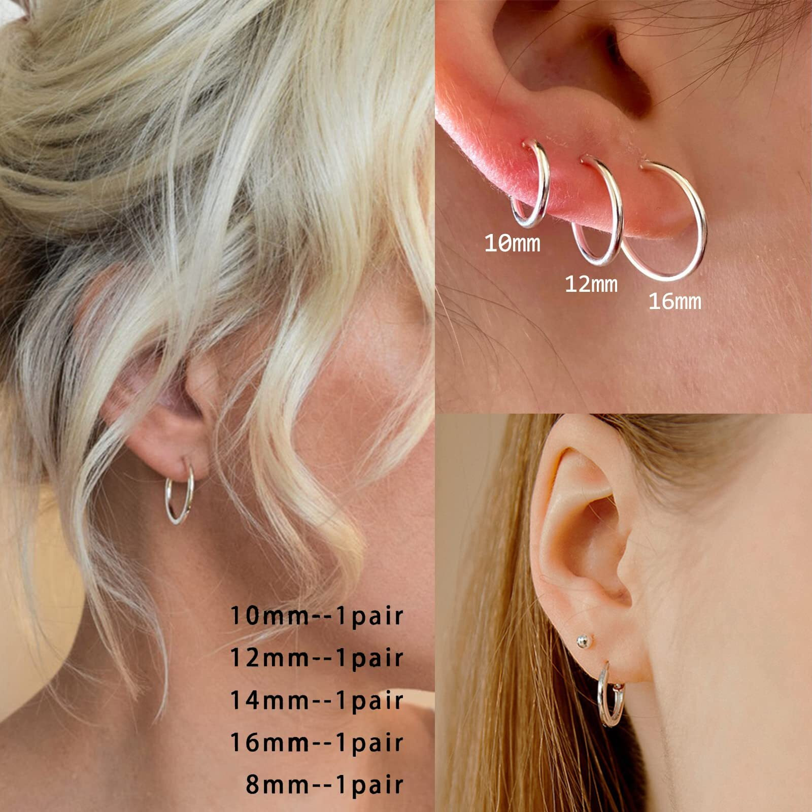 10 Pairs Silver Hoop Earrings Set For Women Surgical Steel Hoop Earrings Lightweight Hypoallergenic Tiny Small Hoops For Men (8Mm 10Mm 12Mm 14Mm 16Mm)