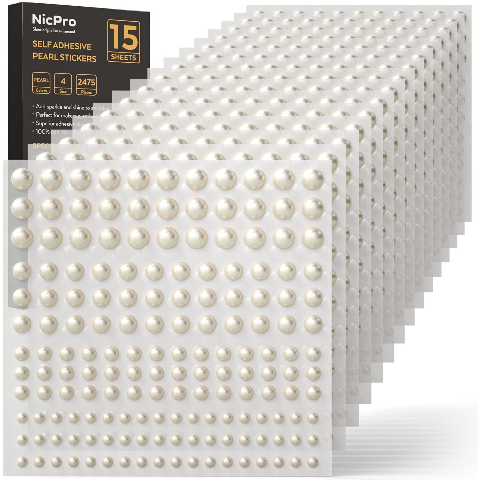 2475 Pcs Pearl Stickers Self Adhesive, Nicpro 4 Size Stick On Makeup Pearl Gem White Jewel Decor For Face, Body, Nail, Hair, Phone Art Craft Scrapbooking Embellishments Assorted Size 3Mm/4Mm/5Mm/6Mm