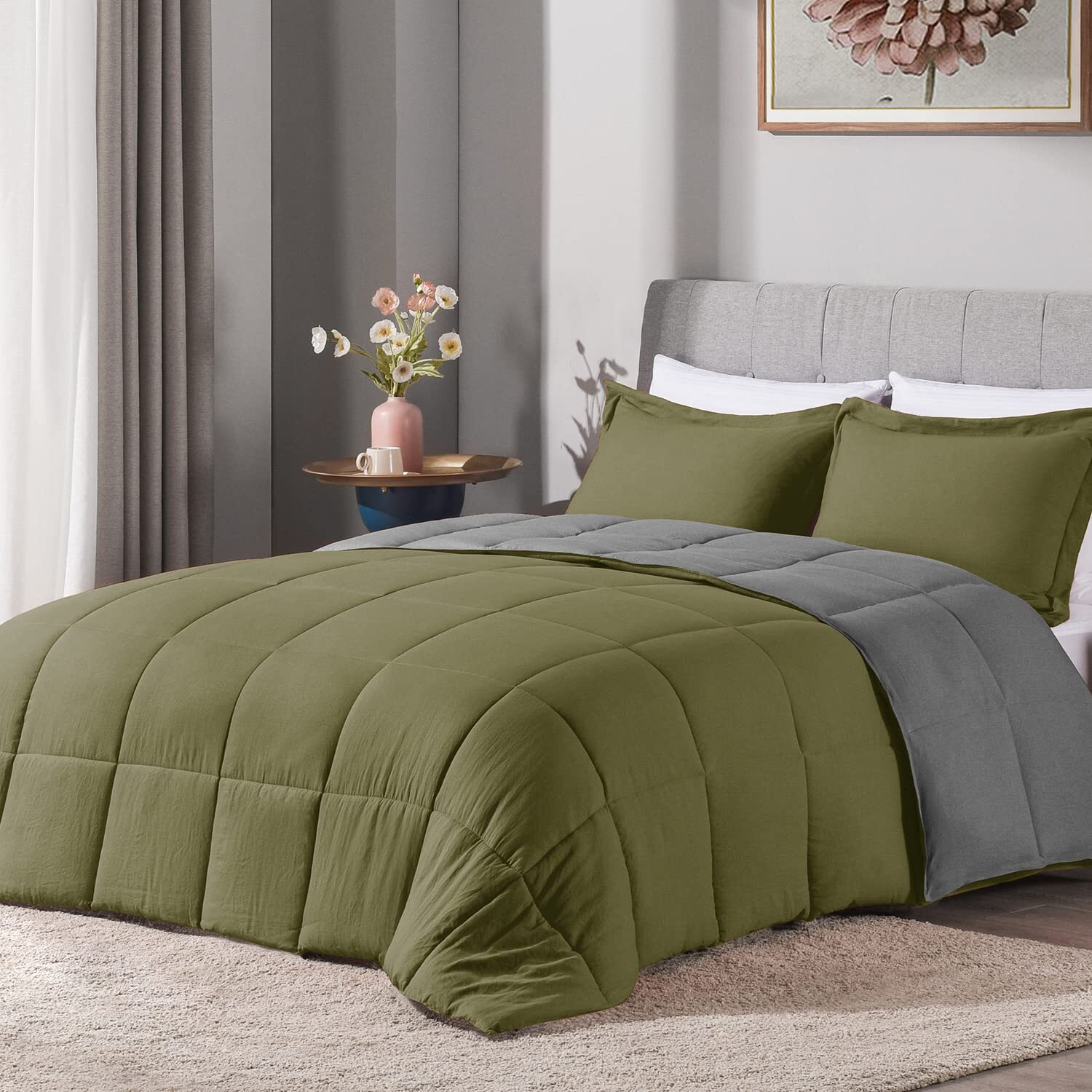 Lovtex 3Pcs Queen Comforter Set - Ultra Soft Washed Microfiber Comforter Sets For Queen Bed - Reversible Down Alternative Comforter With 2 Pillow Shams(Olivecharcoal)