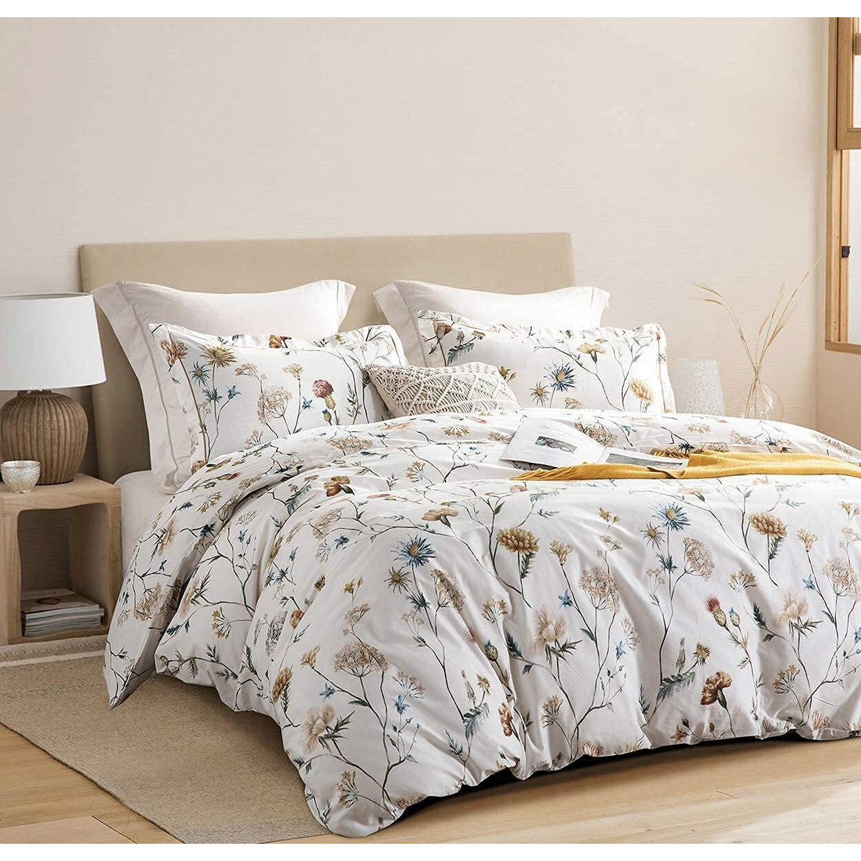 Sleepbella Comforter King Size, 600 Thread Count Cotton White Printed With Blue & Blush Flowers Cotton Comforter Set,Down Alternative Bedding Set 3Pcs(King, White Floral)