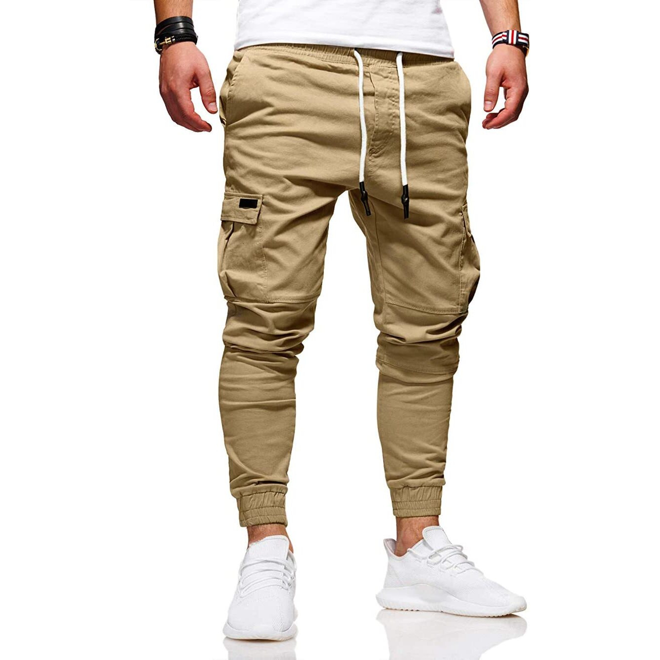 Buxkr Mens Cargo Pants Casual Hiking Pants Workout Joggers Sweatpants For Men,Light Khaki,Xxl