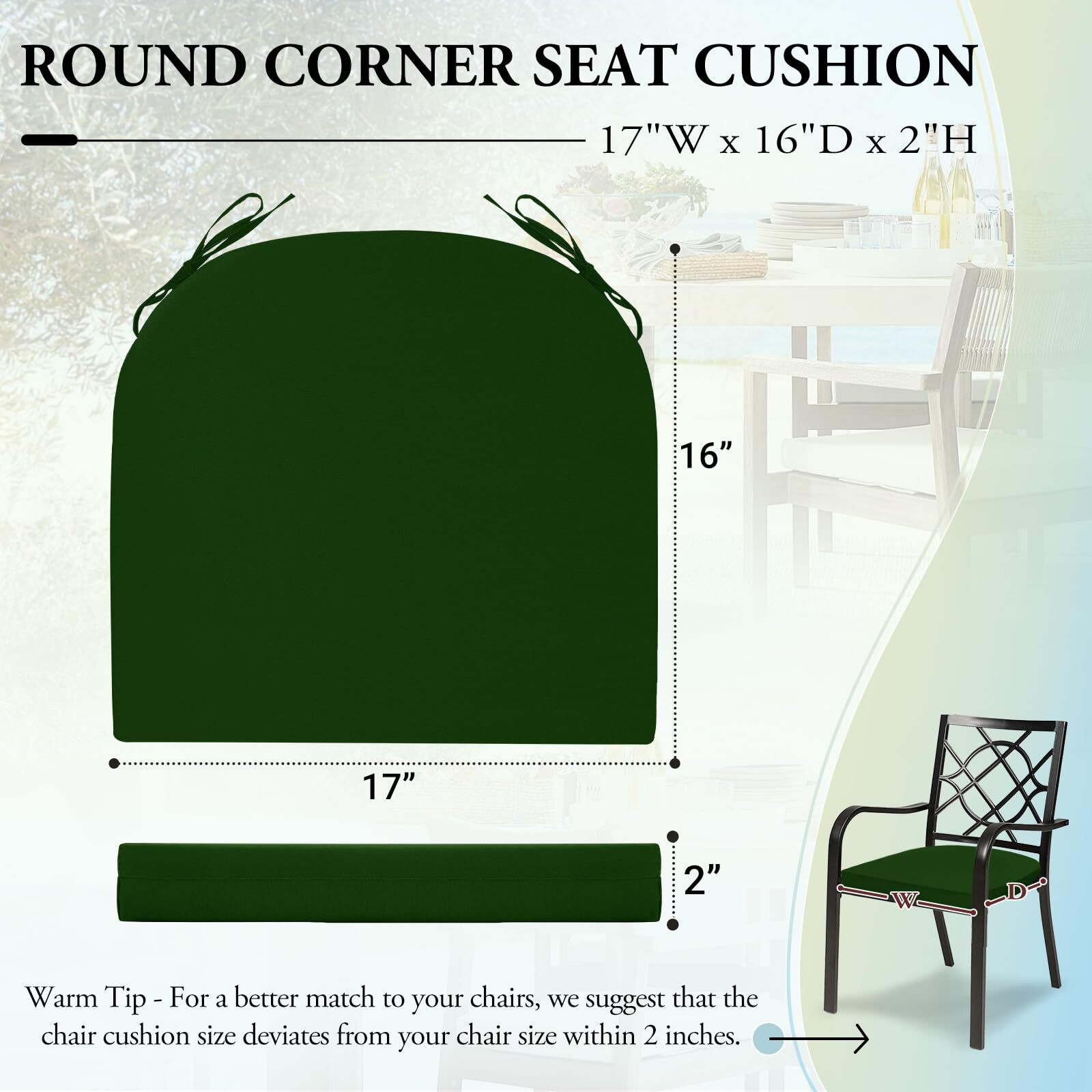 Wellsin Outdoor Chair Cushions For Patio Furniture - Patio Chair Cushions Set Of 4 - Water Resistant Round Corner Outdoor Seat Cushions 17 "&quotX16 "&quotX2 "", Forest Green