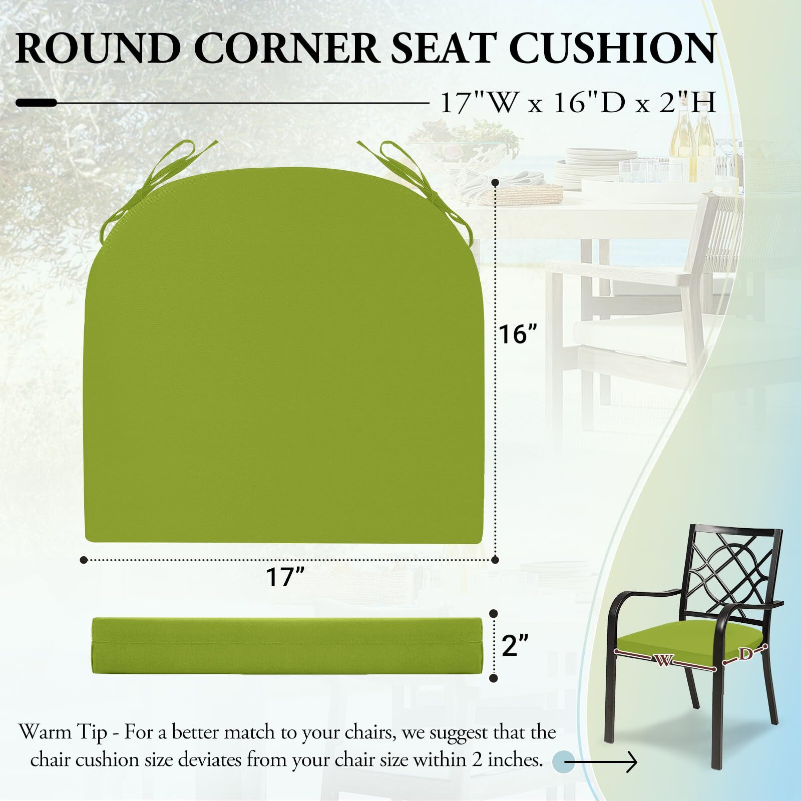 Wellsin Outdoor Chair Cushions For Patio Furniture - Patio Chair Cushions Set Of 4 - Water Resistant Round Corner Outdoor Seat Cushions 17 "&quotX16 "&quotX2 "", Grass Green