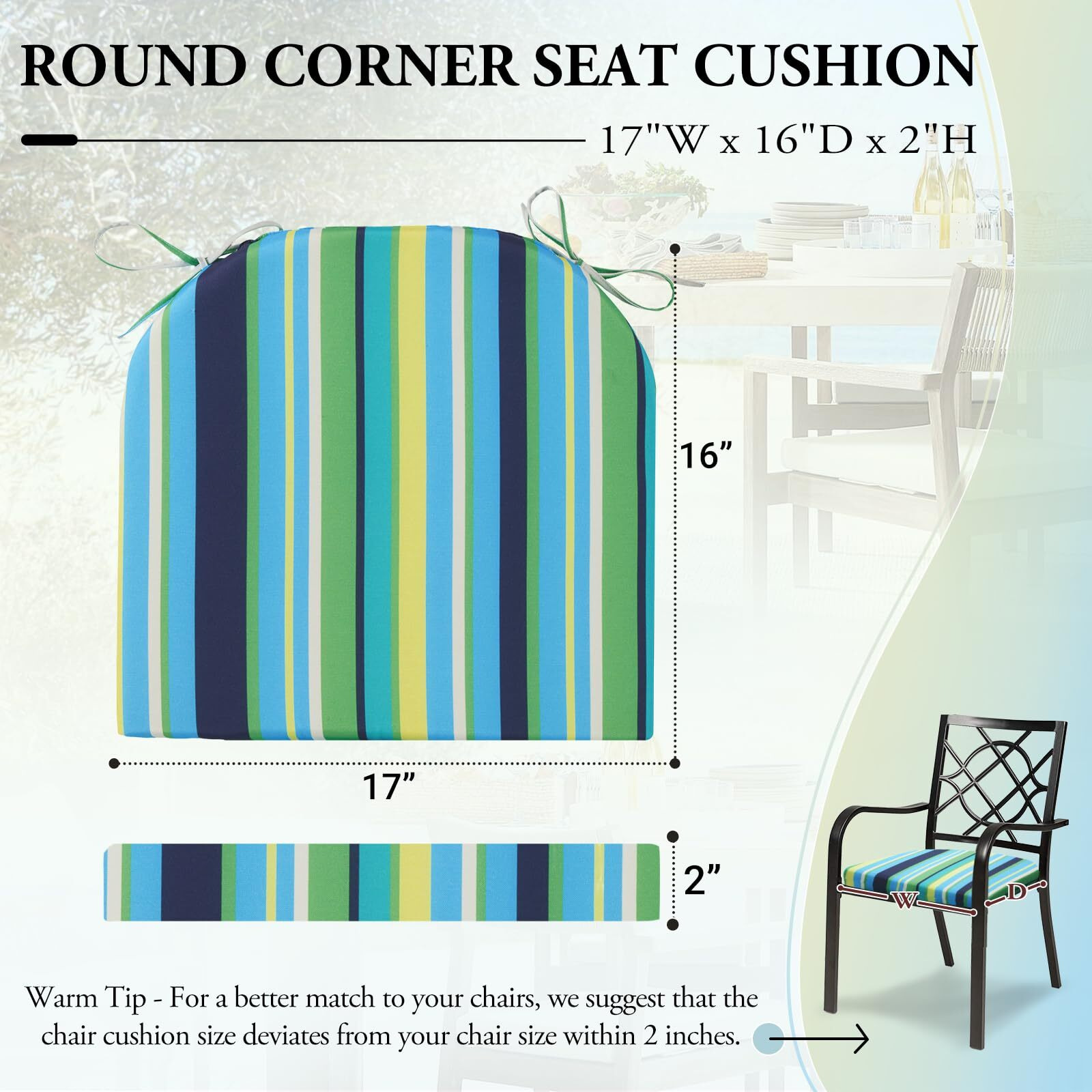 Wellsin Outdoor Chair Cushions For Patio Furniture - Patio Chair Cushions Set Of 4 - Water Resistant Round Corner Outdoor Seat Cushions 17 "&quotX16 "&quotX2 "", Stripe 01