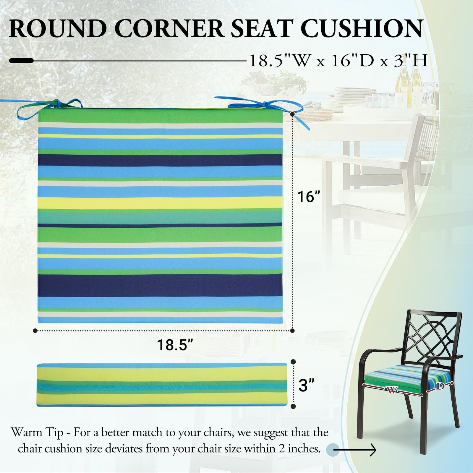 Wellsin Outdoor Chair Cushions For Patio Furniture - Outdoor Cushions For Chairs - Water Resistant Patio Chair Cushions Set Of 4, 18.5 "&quotX16 "&quotX3 "", Stripe 01