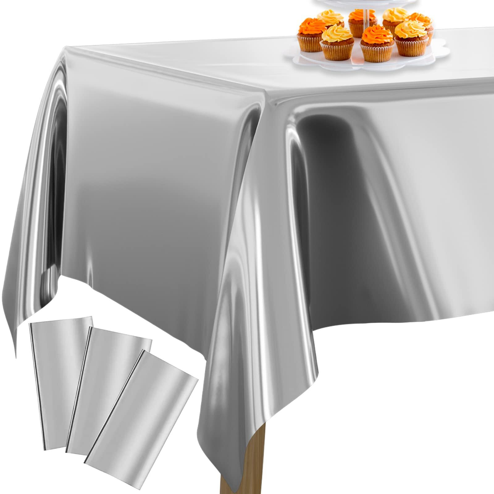 Partywoo Silver Foil Tablecloth, 3 Pack 54 X 108 Inch Rectangle Tablecloth, Foil Tablecloth For 6 To 8 Foot Table, Metallic Table Cover, Waterproof Table Cloth For Birthday, Wedding, Party