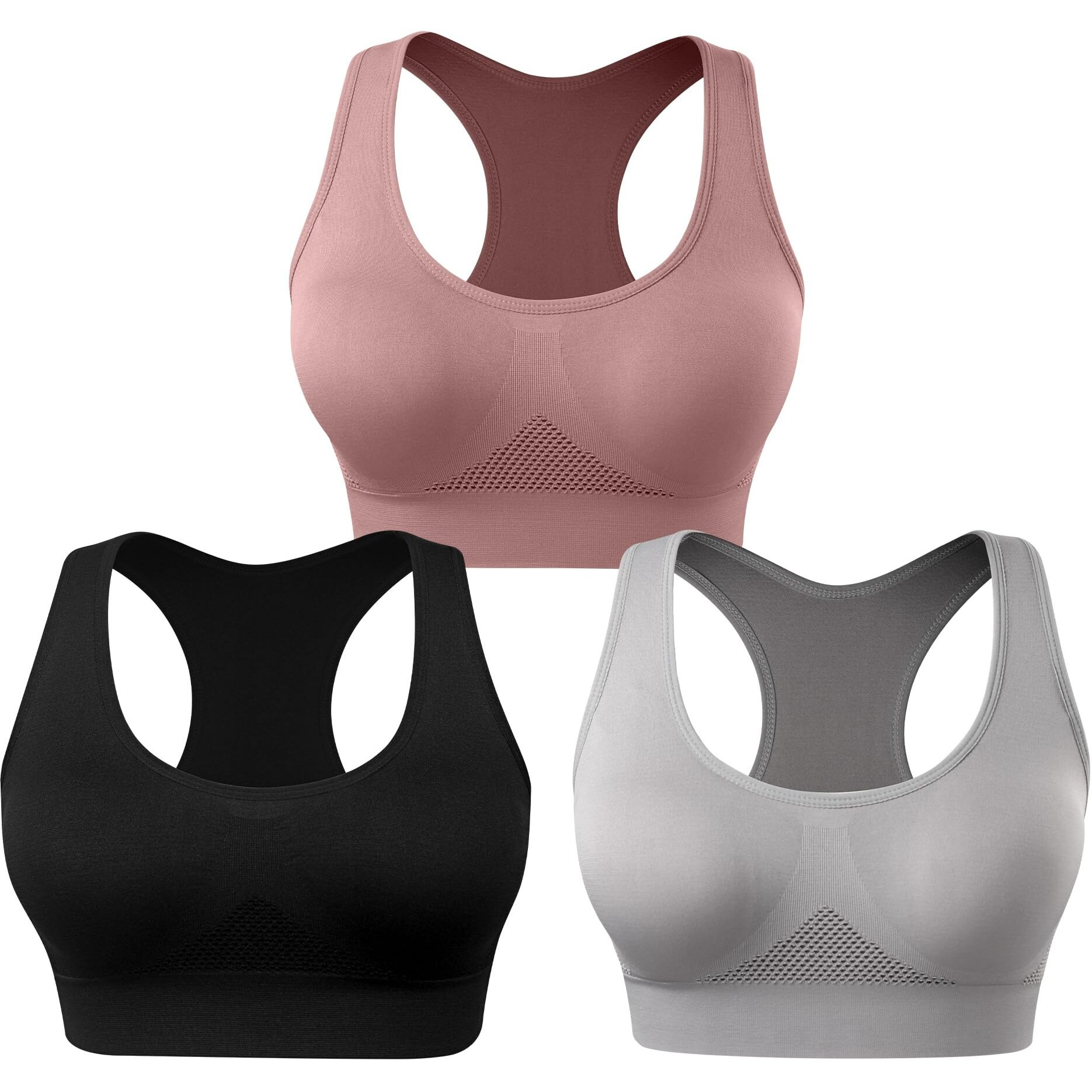 Wanayou 3 Piece Racerback Sports Bra For Women Comfortable Sleep Bra Seamless Workout Yoga Bra Air Permeable Cooling Comfort Bra Wireless Bra Breathable Air Bra (X-Large, 3 Pack Black/Grey/Bean Paste)