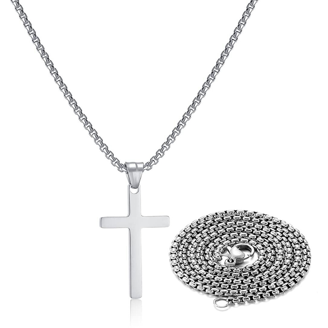 Stainless Steel Cross Necklace For Men,Silver Cross Necklace For Boys Kids Tiny Small Cross Pendant Necklace 24 Inches Simple Jewelry Thin Cross Chain For Mens